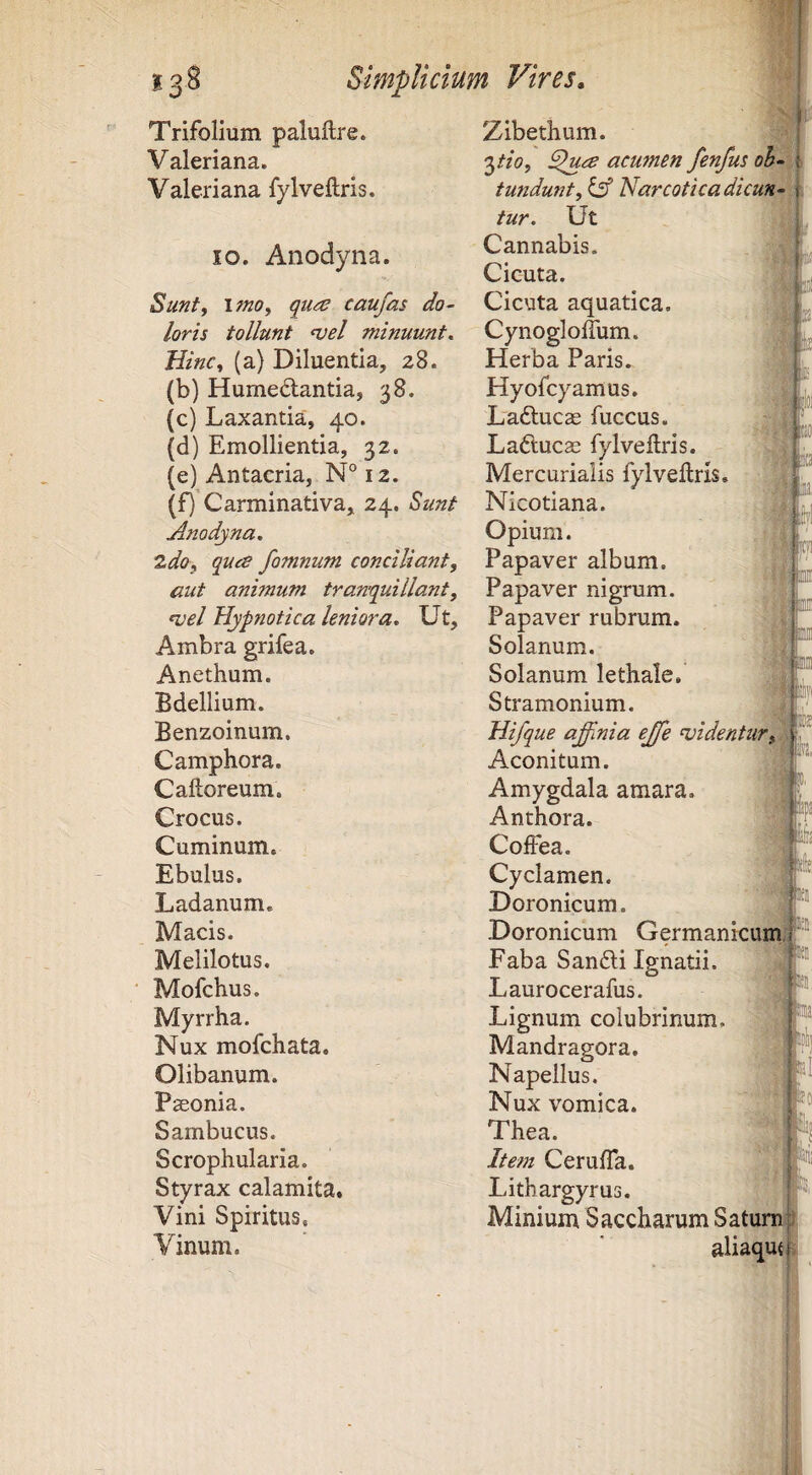Trifolium paluilre. Valeriana. Valeriana fyIveftris. IO. Anodyna. Sufitf imo, qua caufas do¬ loris tollunt njel minuunt. Hinc, (a) Diluentia, 28. (b) Humedantia, 38. (c) Laxantia, 40. (d) Emollientia, 32. (e) Antacria, N°i2. (f) Carminativa, 24. Sunt Anodyna, ido, qua fomnum conciliant, aut animum tranquillant, rvel Hypnotica leniora. Ut, Ambra grifea. Anethum. Bdellium. Benzoinum. Camphora. Caftoreum. Crocus. Cuminum. Ebulus. Ladanum. Macis. Melilotus. Mofchus. Myrrha. Nux mofchata. Olibanum. PsEonia. Sambucus. Scrophularia. Styrax calamita. Vini Spiritus, Vinum. Zibethum. o^tio, ^a acumen fenfus oh'^ tundunt,SA Nar coti cadicun tur. Ut Cannabis, Cicuta. Cicuta aquatica. CynoglolTum. Herba Paris. Hyofcyamus. Laducae fuccus. Laducas fylveilris. Mercurialis fylveftris Nicotiana. Opium. Papaver album. Papaver nigrum. Papaver rubrum. Solanum. Solanum lethale, Stramonium. Hifque affmia ejfe ‘videntur,. Aconitum. Amygdala amara. Anthora. ColFea. Cyclamen. Doronicum. Doronicum Germanicum Faba Sandi Ignatii. Laurocerafus. Lignum colubrinum. Mandragora. Napellus. Nux vomica. Thea. Itefn CerufTa. Lithargyrus. Minium Saccharum Saturh' aliaqut Bl II 'JF' W