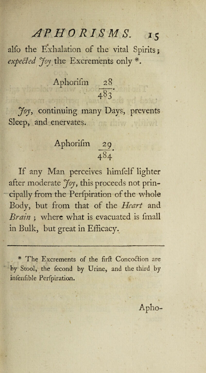 alfo the Exhalation of the vital Spirits; expected Joy the Excrements only Aphorifm 2 8 4^3' Joy, continuing many Days, prevents Sleep, and enervates. Aphorifm 29 484 If any Man perceives himfelf lighter after moderate Joy, this proceeds not prin¬ cipally from the Perfpiration of the whole Body, but from that of the Heart and Brain ; where what is evacuated is fmall in Bulk, but great in Efficacy. * The Excrements of the firft Concoction are hy Stool, the fecond by Urine, and the third by infenfible Perfpiration. * / 0 \ Apho-
