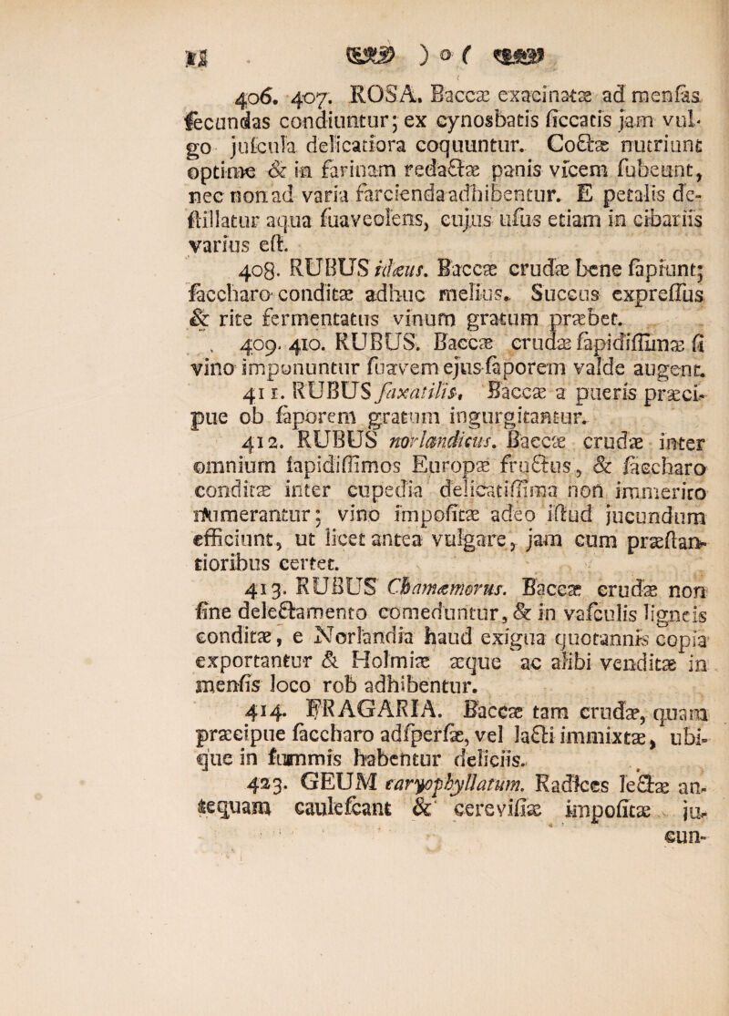 M . vS^i? ) o ( qggt 406. 407. ROSA. Baccae exaeinatte ad raenfas. fecundas condiuntur; ex cynosbatis ficcatis jam vul¬ go jufcula delicatiora coquuntur. Coebe nutriunt optime & ia farinam redaftae panis vicem fubeunt, nec non ad varia farcienda adhibentur. E petalis de- ftillatur aqua fuaveolens, cujus ufus etiam in cibariis varius est. 408. RUBUS ithus. Faces crudae bene lapiunt; faccharoconditae adhuc melius» Succus expreflus & rite fermentatus vinum gratum praebet. , 409.410. RUBUS. Baccte crudae fapidifilmae fi vino imponuntur fuavem ejusfaporem valde augent. 41 r. RUBUS faxatilis; Baceas a pueris praeci¬ pue ob faporem gratum ingurgitantur. 412. RUBUS mriandmts. Baccte crudae inter omnium fapidiffimos Europae fruftus, & fiiecharo conditae inter Cupedia delicatiffima non immerito rfrimerantur; vino impolitae adeo illud jucundum efficiunt, ut licet antea vulgare, jam cum prasfian- tioribus certet. 413. RUBUS Chnmamorus. Baccte cruda non fine delectamento comeduntur, & in vafculis ligneis conditae, e Norlandia haud exigua quotannis copia exportantur & Holmiae asque 'ac alibi venditae in tnenfis loco rob adhibentur. 414. ERAGARIA. Baccte tam crudte, quam praecipue faccharo adfperfie, vel lafti immixtae, ubi¬ que in fummis habentur deliciis. 423. GEUM caryopbyUatum. Radices leQx an- iequam caulefcant ik' cerevilias impofitte ju,