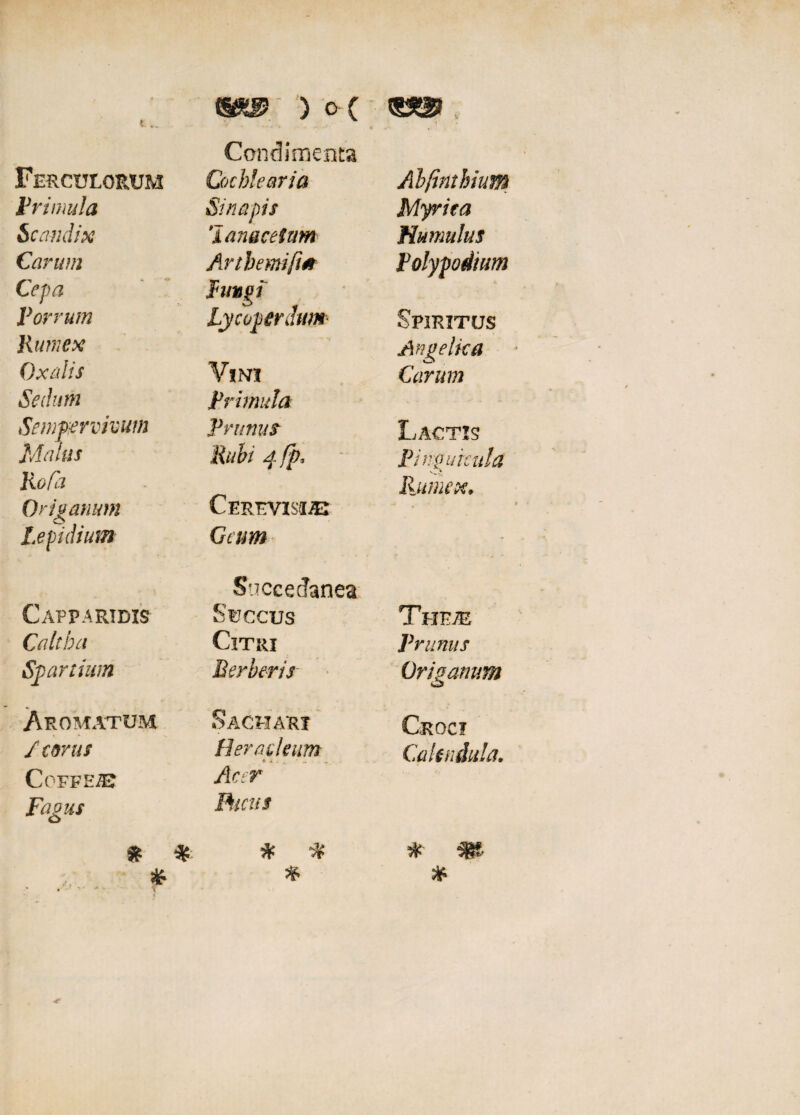 ) 0( Condimenta «W Ferculorum Cochlearia Abfinthiuffl Primula Sinapis Myrica Scandix 'lanacetum Hamulus Carum Arthemifut Polypodium Cepa Pungi Porrum Lycoperdum- Spiritus Rumex Oxalis V:ini Angelica Carum Sedum Primula •  - i Sempervivum Malus Frumit Rubi 4 fp. Lactis Pinguicula Rofh Rumex, Origanum CEREVlSliE ~ - Lepidium Geum - , • * Succedanea Capparidis Succus Thr^ Caltha Citri Prunus Sp artium Herberis Origanum Aromatum Sachart Croci /torus Heracleum * * • .v • « Cakndula. Coffe m ifc r Fagus Punis * * * * * * *