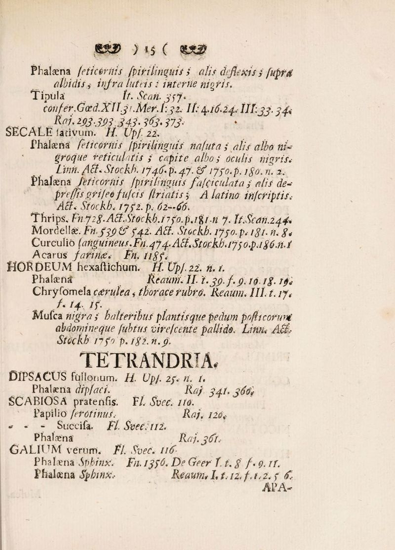 > »5 ( * ' ■ * •— *•' ’ Phalaena /'cticmiis [piri linquis i alis & flexis ;fuprd albidis i infra lutas i interne nigris. Tipula It. Stari, gpf. confer.Goed.XIIjf.Mer./: pi. IT: /[.16.24. III:jj. 34* ^ . , ^W. 293993949. 363. 373: SECALE iarivum. H. Upf 22. Phakna feticoriiis /pirilinguis nafuta ; alis albo nU gfoque reticulatis ; capite albos oculis nigris. Linit. Aci. Stockh. 1746. p. 47. ff vjfo.p. tgo. n. 2, Phalaena feticoriiis fpirilinguis fafciculata / alis de- preffts grifeo fufcis flriatis $ A latino in f criptis. AcF Stockh. /7y2. /), 62—66, Thrips, Fnyig.Aci.Stockh.npo.pjli.n 7. Tt.Sean.244. Morde!\ee.Fn939 & f 42. Aff. Stockh. ifjo. p. igi. n. Curculio {ai1guineus.Fn.474.ALl.Stoekbj7po.pd86.nJ A carus farnice. Fn. iigf* HORDEUM hexaftichum. //. Upf.ii. n. /. Phalaena RtawiUlL i. 39. f.9. iq rg. tf4 Chryfomela ccerulea, thorace rubro. Reaunu III. t. ij\ /. /4, /f. Mufca nigra ; halteribus plantis que pedum po/hcoruni ab domine que fubius vire/c ente pallide. Lima Atii Stockh nfo p. igi. n.9. TETRANDRTA. DIPSACUS folio, tum. /i. Lp/. 2/. n. i. Phalaena dipfaci. Ra/ 941. 366? SCABIOSA pratenfis. F/. AW. //0. ' Papilio ferorinus. Ra/. 120* * - - Suceifa. Fl Svecnil. Phalrena Ra). 961, CALIUM verum. /7. Svec. 116 P ha l ena Spbinx. Fn. /936. De Geer f t. / /♦ 9. it. Phalcena Splnnx, Reaum,• L t, 12. f.t,2.7 £ APA~