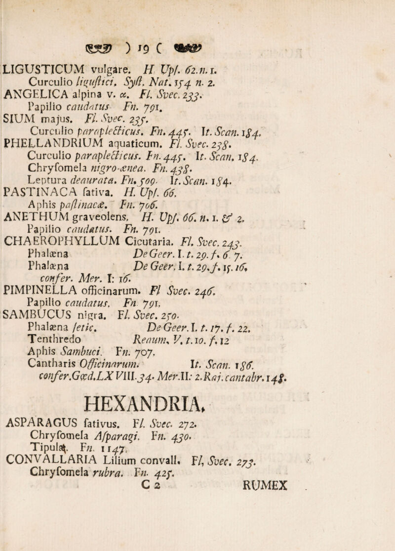 <S5S3> ) J9 C LIGUSTICUM vulgare. Jf Cp/. 62.11.1. Curculio liifuflict, Sytl> Nat. tz. 2. ANGELICA alpina v. ctm Fl. Svec. 2jj. Papilio caudatus Fn. jgi. SIUM majus, i7/. 23J. Curculio paraplegicus. Fn.443. lt. Scan.1S4, PHELLANDRiUM aquaticum. FI. Svec. 238. Curculio paraplegicus, fn. 44?. It. Scati. 184. Chryfomela nigro-xnea. Fn. 44$. Leptura deaurata. Fu.joq. \t. Scan. 184. PASTINACA fativa. H.Up[.66. Aphis paftinacX. Fn. yo6. ANETHUM graveolens, H. UpJ. 66. tu 1. 2. Papilio caudatus. Fn. ygi. CHAEROPHYLLUM Cicutaria. FI. Svec. 243. Phalaena DeGeer. 1.1.29. /. 6. 7. Phalama DeGeerXt.2Q.f.\^i6, confer. Mer. I: 16 PIMPINELLA officinarum. FI Svec. 246. Papilio caudatus. Fn ygif SAMBUCUS nigra. FLSvec.zfo- Phalsena fetk. De Geer. 1.1. /7. /, 22. Tenfhredo Renum* V. 1.10. f. \z Aphis Sambuci. Fn. 707. Cantharis Officinarum< It. Scan. 186. confer.Gccd.LX VUI34• Mer.ll: z.Raj. cantabr, 14S• IIEX ANDRIA. ASPARAGUS fativus. F/. AW. 272. Chryfomela Afparaqi, Fn. 430* Tipula^. F/z, i 147, CONVALLARIA Lilium convall. F/, »Sb£r. 27?. Chryfomela F». 42^. C 2 RUMEX