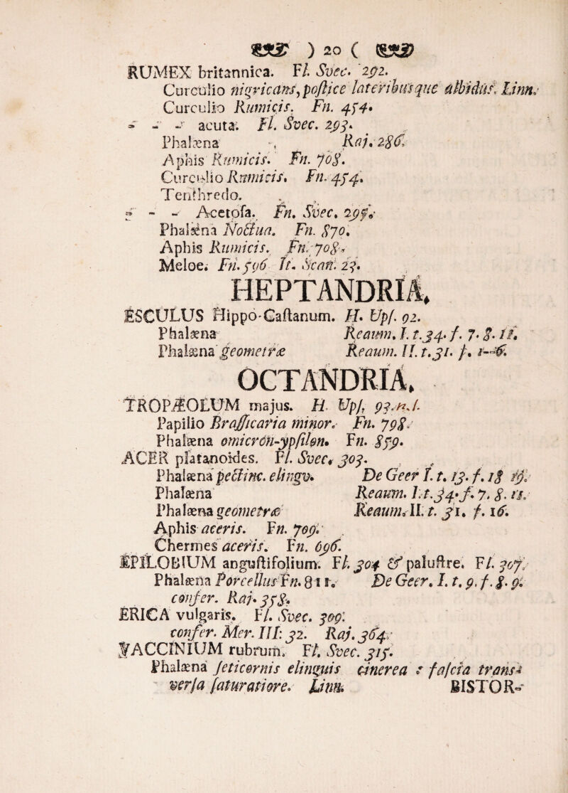 txr ) 20 ( RUMEX britannica. F/. Svec. '232. Curculio nigricans,poftice lateribus que albidus* Umu Curculio Rumicis. Fn. 4)4* • - - acuta. FL Svec. 234. Phalle na Raj.zgCl A phis Rumicis. Fn. jo$. Cu rc uli o Rumi cis. i7//. 4/4» Terifhrcdo. f - Acctpfa. Fn, Svec. 24/fV Phalsena No Suci. Fn. gyo. Apbis Rumicis. JPnejog* Meloe* FtL$ij6- It. Scati. 23. ♦ ESCULUS Hippo- Caftanum. H. Upf. 02. Ph alse na Rcamn. /. f.j4« /. 7. $. ii* Phatena'geometrae Reaum. II. t.31. /. j- ► TROP^OEUM majus, ii. f/p/. 93, nJ. Papilio Brafficaria minorv Fn. jggs Phafena omicrdti-yp/tkn• F«. ACER piatanokles. F/. iSWfv Phafena Reaum. 7* S. fi. Pha laena geometrd Reaum Alt. 31. f. 16. A phis aceris. Fn. Jop* Chermes aceris. F n. 636. IPiLOBiUM anguftifojium. Fl. 304 & paluftre. Fl.gofe Phalsena Porcellus fn. 81U De Geer* I. t. 9, f. g. pi confer. Raj.gfg, ERICA vulgaris. F/. Svec. 309: confer. Mer. III: 32. Raj. 3A4: JfACCfNlUM rubrum, F/. Svec. 313. Phalama Jeticornis elingitis cinerea s fafera trans'* ur/a faturatiore. Unn. BISTOR- HEPTANDRIi