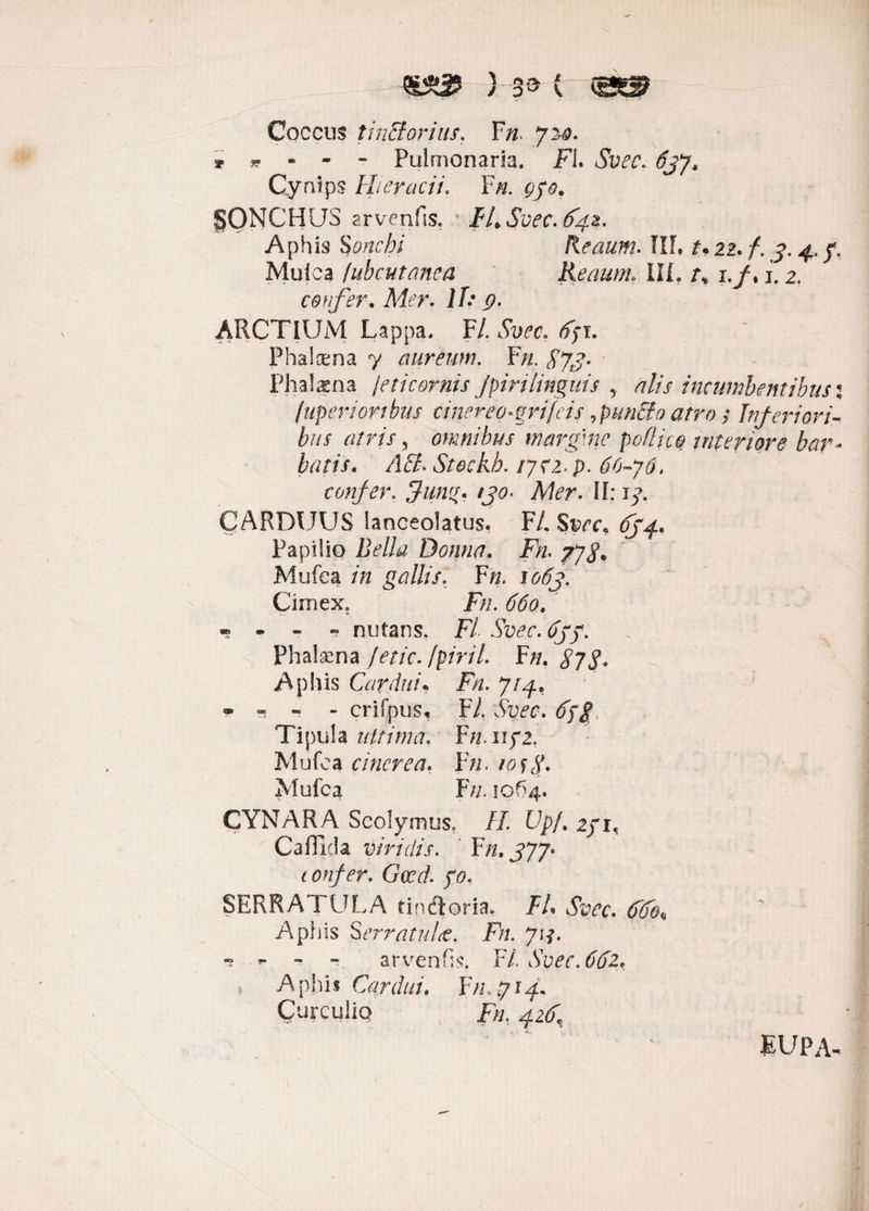 n.** / 0^ K Coccus tinciorius. Fn. 720. * r- - - - Pulmonaria. Fi Svec. Gynips Hi er aci i. F n. 070. SONCHUS arvenfts. ' FI* Svec. 642. Aphis Sonchi Keaum. IIL t* 21. /. y. 4, y. Mulca /ubcutanea Renum. III. f* 1./, 1.2. confer. Mr. II: 9. ARCTIUM Lappa. F/. <ffT. Pha!oena 7 aureum. Fn. ftjg. Phalasna jeticornis Jpiri linguis 5 alis incumbentibus /uperiortbus cmereo-qrifeis ,pun&o atro s Inferiori¬ bus atris, omnibus mavgme podice tnteriore bar¬ batis. ACI. Stockh. 17^2. p. #0-7$, confer. Afer. II: 15». CARDUUS lanceolatus. F/. Si?rc* Papilio Ife/Az Doma. Fn. 772* Mufea in gallis. F». iG-tfj». Cimex. F/z. - - - - nutans. F/. SW. tf/y. Phalaena fetic. fpiril. Fn. 87$. Aphis Cardui* Fn. 714. - ~ - crifpus, F/. Siot. tfyjf, Tipula ultima, Fn.1172. Mufea cinerea, F n, 10 sf. Mufea F;/. 10^4. CYNARA Scolymus. //. Cp/. 2/1, Caflida viridis. Fn.jyj* tonfer. Gced. 70. SERRAT ULA tindloria. FA Svec. 660^ Aphis Serratula. Fn. 713. ■? *- - arvenfis. F/. Svec. 662. Aphis Cardui. Fn.tjtif Curculio F», 42^ IUPA.