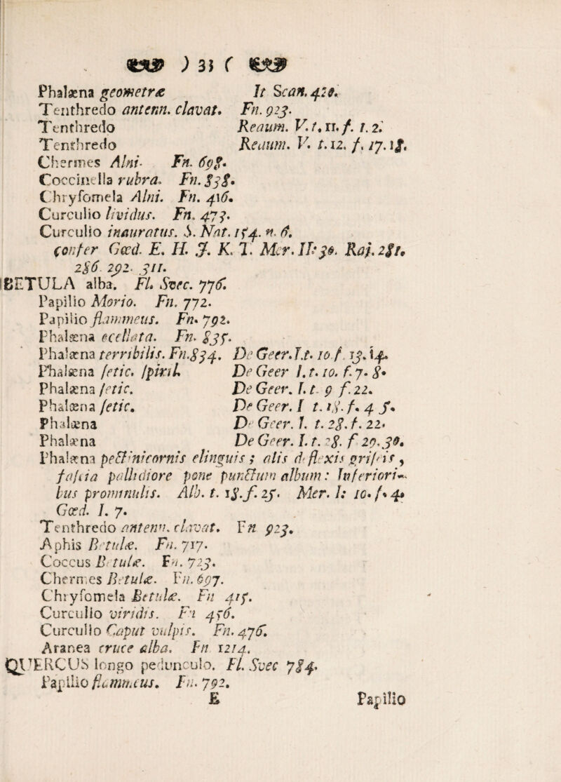 «SJ? ) 3J C Phalaena geometra It Scan. 429. Tenthredo antenn. elavat. Fn. 923. Tenthredo Reaum. V. t. ri«/. /. 2, Tenthredo Reaum. K /. 12. /. /7. jf, Chermes Ahio /k fiog* Coccinella rubra» Fn. $?$• Chryfomela />/. 41^. Curculio Uvidus. Fn, 47?. Curculio inauratus. 8. Nat. rfjf.. n. fi. Confer Gwd. E. It .% K. 7. Mcr.lhp. Raf. 2$r, 28 fi 202. 7//. BETULA alba. FL Svec. yyfil Papilio Morio. Fn. 772. Papilio flammeus. Fn« 7^2. phalaena ecellata. Fn. Phalama terribilis. Fn.834. deerJ.t» io f. ij>* \$» ptialsena [etic, /'pinL DeGeer l.t.io. f. 7- <?• Phal^na /etic. Ve Geer. Lt. 9 f 22. Phalaena /'etic. /> G*vr. / /, /,y. /• 4 j% Phatana D Gccr. ?. t. 28. f. 21* Phalaena De Geer. L t. 2g. f 29.30» Phalaena pe&:nieornis elinguis; alis dt flexis prifis , faRia pallidiore pone punEfutn album: Inferiori* bus prominulis. Alb. t. i$.f 2f. Afer. /: /c. /% 4* Gczd. L 7. Tenthredo antenn. elavat. Vn 923. Aphis BettiUe. Fn. 717. Coccus B tuite. F>/. 723. Chermes Betulte. Yn.697. C hryfomela Betuhe. Fu 4/7. Curculio viridis. Fn 4)6. Curculio vulpis. Fn. 476. Aranea m/re alba, Fn 1214, QUERCUS longo pedunculo. Fl.Svec 784. Papilio fla mna us• J/;. 792.