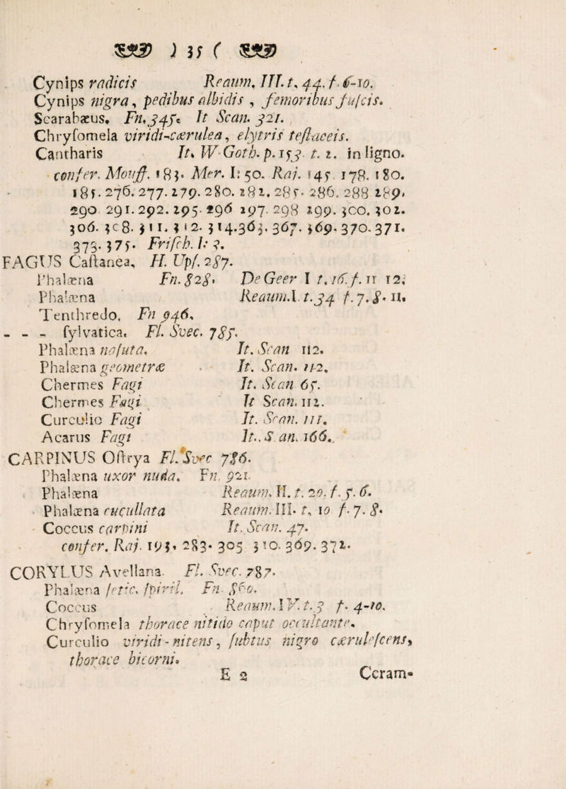 5*3? ) is ( W) Cyn ips radicis Reaum, III. t. 44. /. tf-io. Cynips nigra, pedibus albidis , femoribus fufeis. Scarabaeus* Fn.j^y* It Scan. 321. , Chryfomela viridRccerulea, e lytris teflaceis. Cantharis //* W Goth- p-iff ■ t. 1. in ligno. confer. Mouff. f 8p Men I: 50. /W. 145* 178. 180. igf • 276. 277.179. 280.281.2gf. 286. 288 2.89* 290 291.292. Z95. «96 197. 298 Z99. $co. ?oi. $06. ?c8- * 11* * 314.363, 367. {69. 370. 371* 373.375. Frifch.I.•?. /-/. [7p/, 2^7. Fn.g2g. DeGeer I t.iF.f.u 12, Reaum.l t.34 Fn 346, FI. Svec. jg). It. Se an 112. /r . Scan. ir2. It. Scan 6f. fr Scan. nz. Jr. Yr/W. ///. lt..S am 166,. FL Svec J%6. FAGUS Caftanea, Ph a lac na Phalaena Tenthredo, - - - fylvatica. Ph aloe na na [ut a. Phalaena geometra Chermes Fagi Cherrres Curculio jvz§7 A carus Fagi CARPINUS Oflrya Phalaena «xw nuda. Phalaena Phalaena rucullata Coccus carni ni confer. Raj Fn, 921. Reaunu IT. t. 20. f. y. 6. Reaum. III. r, 10 f • 7. <?• It. Scan. 47. 195» 2 55 3* 305 jio. 369. 371. CORYLUS Avellana. FI. Svec.7%7• Phalaena /^nc, fpiril. Fn- geo. Coccus Reaum.W.t.y f.4-10. Chryfornela thorace nitido caput occultante. Curculio viridi- nitens 5 fubtus nigro cxrulefcens thorace bicorni. E 2 Ceram