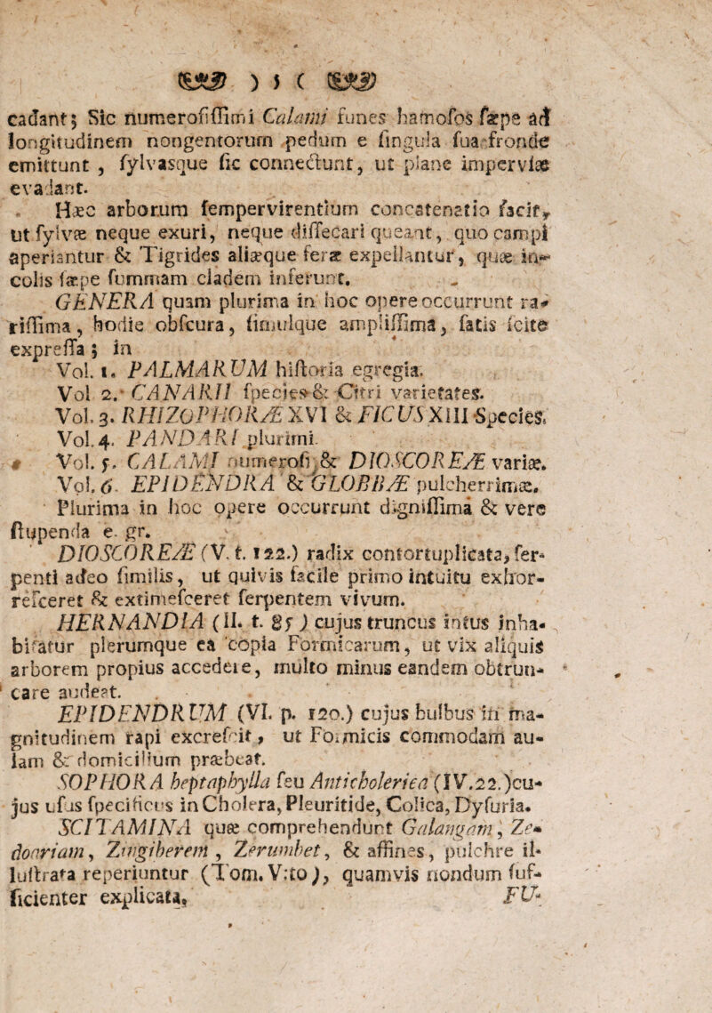 cadant$ Sic numerofiffimi Calaim' funes hamofos farpe ad longitudinem nongentorum pedum e lingula fua fronde emittunt , fylvasque fic corme&unt, ut plane imperviae evadant. Haec arborum fempervirenriurn concatenatio facit* Ut fylvae neque exuri, neque diffecari queant, quo campi aperiantur & Tigrides aliaeque ferae expellantur, quee in** colis faepe fummani cladem interunt. GENERA quam plurima in hoc opere occurrunt ra* riffima, hodie obfcura, (innrlque ampiiffiir^, fatis Icite expreffa 5 in Vol. 1. PALMARUM hiftoria egregia, Vol 2,- CANARII fpecie$&. Citri varietates. Vol. 3. RHIZOP HORZE XVI & FICUSXlII Species» Vol.4. PANDARI plurimi. Vol. f. CALAMI sumerofi & DIO SCO REAE variae. Vol. 6 EPI DENDRA & GTLOBBAE pulcherrima Plurima xn hoc opere occurrunt digniflima & vere ftupenda e- gr. DIOSCORE/E (V. 1.122.) radix confortuplicata, fer* penti adeo fimtlis, ut quivis iacile primo intuitu exhor- refeeret extimefeeret ferpentem vivum. HERNANDIA (11. t. gj ) cujus truncus intus |nha* bibatur plerumque ea 'copia Formicarum, ut vix aliquis arborem propius accedeie, multo minus eandem obtrun¬ care audeat. EPIDENDRUM (VI. p. 120.) cujus bulbus in ma¬ gnitudinem rapi excrefrit, ut Formicis commodam au¬ lam &rdomicilium praebeat. SOPHORA beptapbylla feu Anticholeriea (IV.22.)cu* jus uf-is fpeciHcus in Cholera, Pleuritide, Colica,Dyfurla* SCITAM!NA quse comprehendunt Galangam, Ze» donriam, Ztngiberein , Zhumbet, & affines, pulchre i!* luitrafa reperiuntur (Tom. V:to )} quamvis nondum fuf- ficienter explicata,  FU*