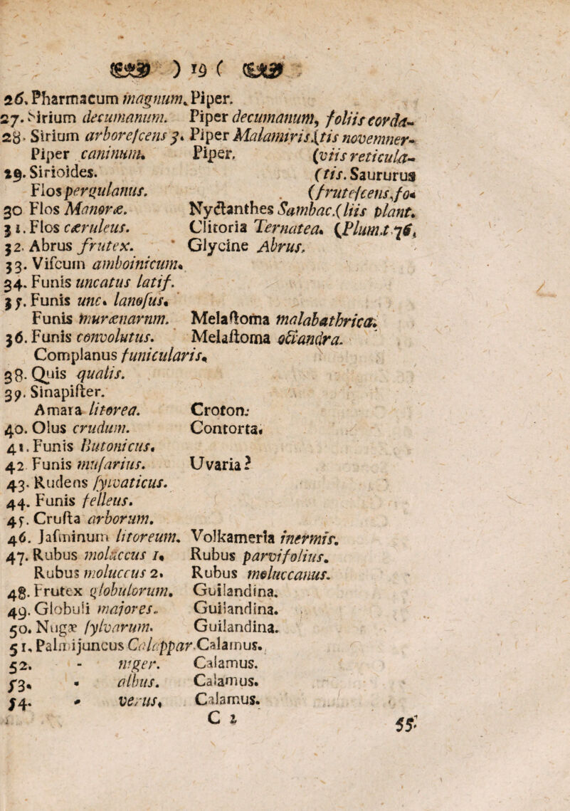 : sd, Pharmacum magnum. Piper. 27. Hrium decumanum. Piper decumanum, f oliis cor dd~ 28- Sirium arborejeens y. Piper Malamtris.{tis novemner- Piper caninum. Piper. (viis reticula- *§• Sirioides. (tis. Saururus Flos pergulanus. . (/rute-Icens,fo* 30 Flos Manor#. Nydlanthes Sambac.(liis olant. j i.Flos acruleus. Clitoria Ternatea. {Pium.1161 j2- Abrus frutex. ' Glycine Abrus. 33. Vifcuin amboinicum. 34. Funis uncatus latif. I f. Funis unc. lanofus. Funis nmrtcnarnm. Melaftorna malabathrica. 16. Fanis convolutus. Melaftoma otiandra. Complanus funicularis* 38- Qpis qualis. 39, Sinapifter. Amara litorea. Crotom Contorta* U varia? 40. Olus crudum. 41. Funis Batonicus* 42 Funis mularius. 43. Rudens fyivaticns. 44. Funis felleus. 4f.Crufta arborum. 46. Jafminum litoreum• Volkamerla inennis, 47. Rubus mokccus /« Rubus parvifolius. Rubus moluccus 2. Rubus meluc canus. 48. Frutex globulorum. Guilandina. 49. Globuli majores. Guilandina. 50. Nugae /ylvarum. Guilandina* 51. Pala ijuncus Calappar Calamus. niger. Calamus. • albus. Calamus. * Calamus. C i 52. J4- 55