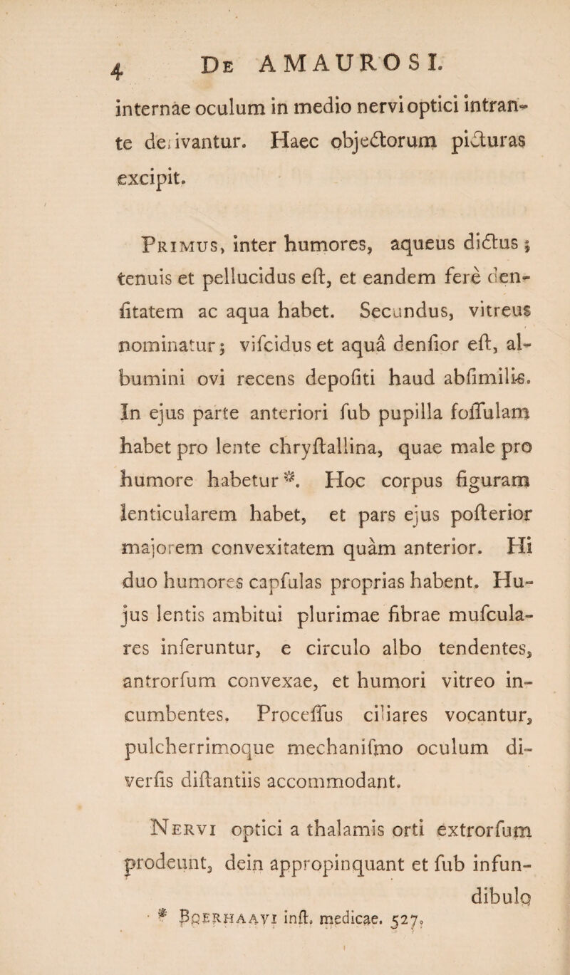 Internae oculum in medio nervi optici intran^ te derivantur. Haec objectorum piCturas excipit. Primus, inter humores, aqueus didtus % tenuis et pellucidus eft, et eandem fere den- fitatem ac aqua habet. Secundus, vitreus nominatur; vifciduset aqua denfior eft, al¬ bumini ovi recens depofiti haud abfimilie. In ejus parte anteriori fub pupilla foiTulam habet pro lente chryftallina, quae male pro humore habetur^. Hoc corpus figuram lenticularem habet, et pars ejus pofterior majorem convexitatem quam anterior. Hi duo humores capfulas proprias habent. Hu¬ jus lentis ambitui plurimae fibrae mufcula- res inferuntur, e circulo albo tendentes, antrorfum convexae, et humori vitreo in¬ cumbentes. Proceffus ciriares vocantur, pulcherrimoque mechanifmo oculum di- verfis diftantiis accommodant. Nervi optici a thalamis orti extrorfum prodeunt, dein appropinquant et fub infun¬ dibulo • Bqerhaavi infh medicae. 527. 1