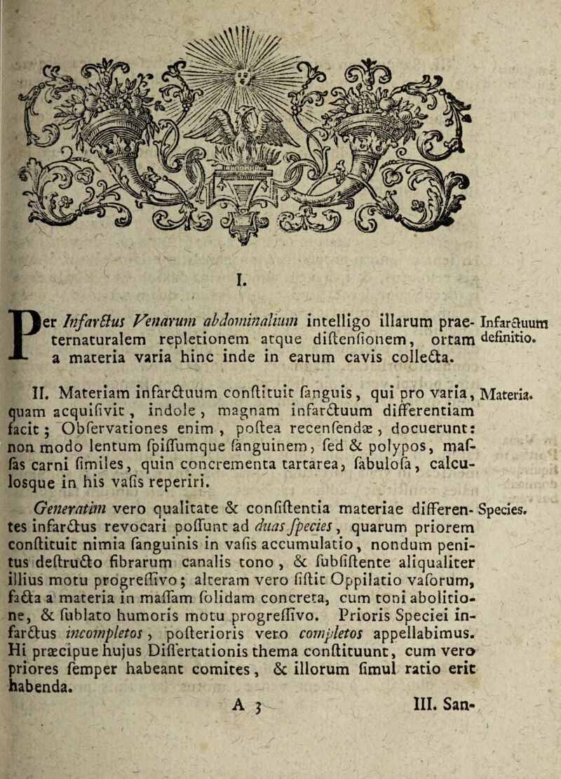 Per InfaxBus Fenarum abdominalmn intelligo illarum prae- Infarauum ternacuralem repletionem atque diilenfionem, ortam a materia varia hinc inde in earum cavis collefta. II. Materiam infarftuum conflituit fanguis, qui pro varia, Materia* qnam acqulfivic , indole , magnam infarduum differentiam facit; Obfervationes enim, poftea recenfend^e , docuerunt: noamodo lentum fpiffumque fanguinem, fed &: polypos, n>af^ fas carni fimiles, quin concrementa tartareaj fabulofa, calcu¬ losque in his vafis reperiri. Gener athli vero qualitate & confidentia materiae differen- Species* tes infarctus revocari poffunt ad duas fpecies, quarum priorem conftituic nimia fanguinis in vafis accumulatio, nondum peni¬ tus deftrudto fibrarum canalis tono , & Tubiidente aliqualiter illius motu progreffivo; alteram vero fiftic Oppilatio vaforum, fa6ta a materia in maffam folidam concreta, cum toni abolitio¬ ne, & fublato humoris motu progreffivo. Prioris Speciei in¬ farctus incompletos 5 pofterioris vero completos appellabimus. Hi praecipue hujus Differtationis thema conftituunt, cum vero priores femper habeant comites, illorum fimul ratio erit habenda. A III. San«