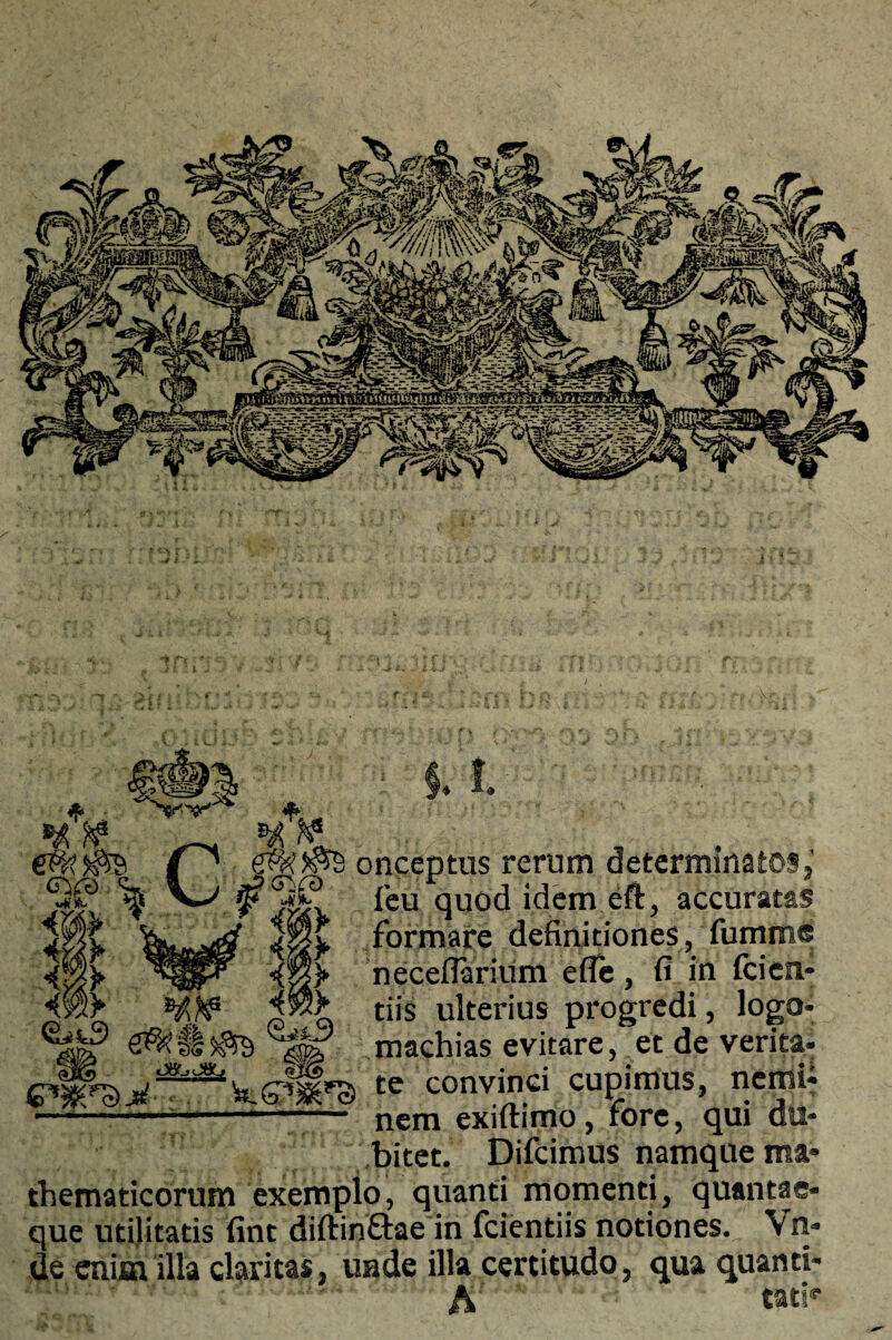 Ii *#v onceptus rerum determinatos, leu quod idem eft, accuratas formare definitiones, fumme neceflarium efle , fi in fcien- tiis ulterius progredi, logo* machias evitare, et de verita» ®ifep ^lp te convinci cupimus, neffiH ” 'S| ■  ”'  ~~ ~~— nem exiftimo, fore, qui du¬ bitet. Difcimus namque ma* thematicorum exemplo, quanti momenti, quantae- que utilitatis fint diftin&ae in fcientiis notiones. \ n- de enim illa claritas, unde illa certitudo, qua quanti- A tati*