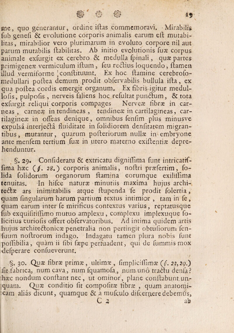 sne, quo generantur, ordine ifbs commemoravi. Mirabilis fub genefi & evolutione corporis animalis earum eft mutabi¬ litas , mirabilior vero plurimarum in evoluto corpore nil aut parum mutabilis Habilitas. Ab initio evolutionis fuce corpus animale exfurgit ex cerebro & medulla fpinali, quae partes primigeneae vermiculum iftum , feu re dius loquendo, flamen illud vermiforme ;conftitutmt. Ex hoc flamine cerebrofo- medullari pofiea demum prodit obfervabilis bullula ifta, ex qua poflea cordis emergit organum. Ex fibris igitur medul¬ labis, pulpofis , nerveis faliens hoc refultat pundum, & tota exfurgit reliqui corporis compages Nerveae fibrae in car¬ neas , carneae in tendineas , tendineae in cartilagineas, car¬ tilaginea in offeas denique, omnibus fenfim plus minusve expulsa interjeda fiuiditate in folidiorem denfitatem migran¬ tibus, mutantur, quarum pofteriorum nullae in embryone ante rnenfem tertium fuce in utero materno exiflentice depre¬ henduntur. §. 29. Confideratu & extricatu dignifiima funt intricatifi- fima haec (/. 2£.) corporis animalis, noftri praefertim, fo- lida folidorum organorum flamina eorumque exiliffima tenuitas. In hifce naturae minutiis maxima hujus archi- tedae ars inimitabilis atque flupenda fe prodit folertia, quam fingularum harum partium textus intimior , tam in fe, quam earum inter fe mirificus contextus varius, reptatusque fub exquifitiflimo mutuo amplexu, complexu implexuque fo- licitius curiofis offert obfervatoribus. Ad intima quidem artis hujus architedonicae penetralia non pertingit obtufiorum fen¬ ilium noftrorum indago. Indagatu tamen plura nobis funt poffibilia, quam ii fibi faepe periuadent, qui de fummis mox tiefperare confueverunt. §, 30. Quae fibrae primae, ultimae, fimplkiffimce ((f. 2^,29.) fitfiabrica, num cava, num fquamofa.., num uno tradu denfa? hcec nondum conflant nec, ut ominor , plane conflabunt un¬ quam. Quae conditio fit compofitae fibrae , quam anatomi¬ cam alias dicunt, quamque & a nnifculo di fcern^re debemus, C 4 ab