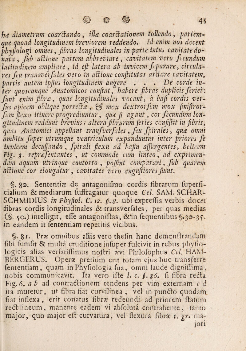 h-£ diametrum coarBando, HU coarBationem tollendo, partem- que quoad longitudinem breviorem reddendo. Id enim nos decent phyfliologi omnes, fibras longitudinales in parte intus cavitate do¬ nata , fub aBicne partem abbreviare, cavitatem vero fecundum latitudinem ampliare , zVi ^ toen? invicem feparare, circula¬ res feu transverfales vero in aBione conftitutas arBare cavitatem, partis ipjius longitudinem augere . . ♦ De corde in¬ ter quoscunque Anatomicos confiat, habere fibras duplicis feriei: fiunt enim fibr&, 5^5 longitudinales vocant, a baji cordis ver- fus apicem oblique porreBk , mox dextrorfum mox fmifiror- fum flexo itinere progrediuntur, ji agant, cor fecundnm lon¬ gitudinem reddunt brevius; altera fibrarum feries ccnfiftit in fibris, quas Anatomici appellant tr anfverfales, feu fpir ales, qu£ omni ambitu fuper utrumque ventriculum expanduntur inter priores fe invicem decufifiando , fpir ali flexu ad bafin afifiurgentes, helicem Fig. 3. reprffentantes , ut commode cum linteo, <3^ exprimen¬ dam aquam utrinque contorto , pofifint comparari, fub quarum aBione cor elongatur , cavitates vero anguftiores fiunt. §. 80. Sententia de antagonifmo cordis fibrarum fuperfi- cialium & mediarum fuffragatur quoque CeL SAM, SCHAR- SCHMIDIUS in Phyfiol. C. 12. ubi expreffis verbis docet fibras cordis longitudinales & transverfales, per quas medias (§. 50.) intelligit, efle antagonifias, &in fequentibus §.30-3 v in eandem it fententiam repetitis vicibus. §. Prae omnibus aliis vero thefin hanc demonfirandam fibi fum fit & multa eruditione infuper fulcivit in rebus phyfio* logicis alias verfatiffimus noftri aevi Philofophus CeL HAM- BERGERUS. Operae pretium ent totam ejus huc transferre fententiam, quam inPhyfiologia fua, omni laude digmffima, nobis communicavit. Ita vero ifie L c. f. $6. fi fibra refta Fig.6* ab ad contraftionem tendens per vim externam c d ita mutetur, ut fibra fiat curvilinea , vel in punfto quodam fiat inflexa , erit conatus fibrae redeundi ad priorem flatum reflilineum, manente eadem vi abfoluta contrahente, tanto major, quo major efl curvatura, vel flexura fibrae e. gr. ma-