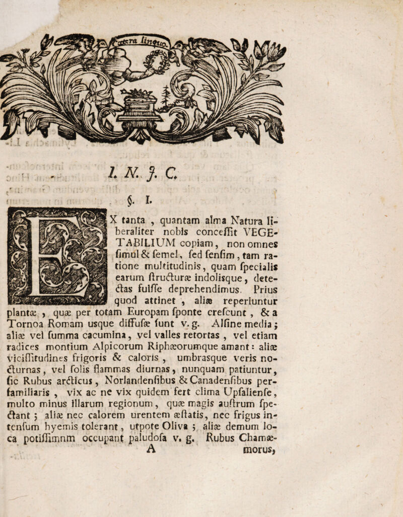 l.N.j.C, $. i- X tanta , quantam alma Natura li- beraliter nobis conceflit VEGE¬ TABILIUM copiam, non omnes fimul & femel, fed fenfim , tam ra¬ tione multitudinis, quam fpecialis earum ftruCtur® indolisque, dete- Ctas fulfTe deprehendimus. Prius quod attinet , ali® reperiuntur piant® , quae per totam Europam fponte crefcunt , & a Tornoa Romam usque diffuf® (unt v. g. Alfine media; ali® vel fumma cacumina, vel valles retortas , vel etiam radices montium Alpicorum Riph®orumque amant: alice vicifiitudines frigoris & caloris , umbrasque veris no¬ cturnas, vel folis flammas diurnas, nunquam patiuntur, fic Rubus arCticus, Norlandenfibus &Canadenflbus per¬ familiaris , vix ac ne vix quidem fert clima Upfalienfe, multo minus Illarum regionum, qu® magis auftrum fpe* Ctant 5 ali® nec calorem urentem ®flatis, nec frigus in - tenfum hyemis tolerant, utpote Oliva y ali® demum lo¬ ca potiflimnm occupant paludofa v. g. Rubus Cham®- A morus.