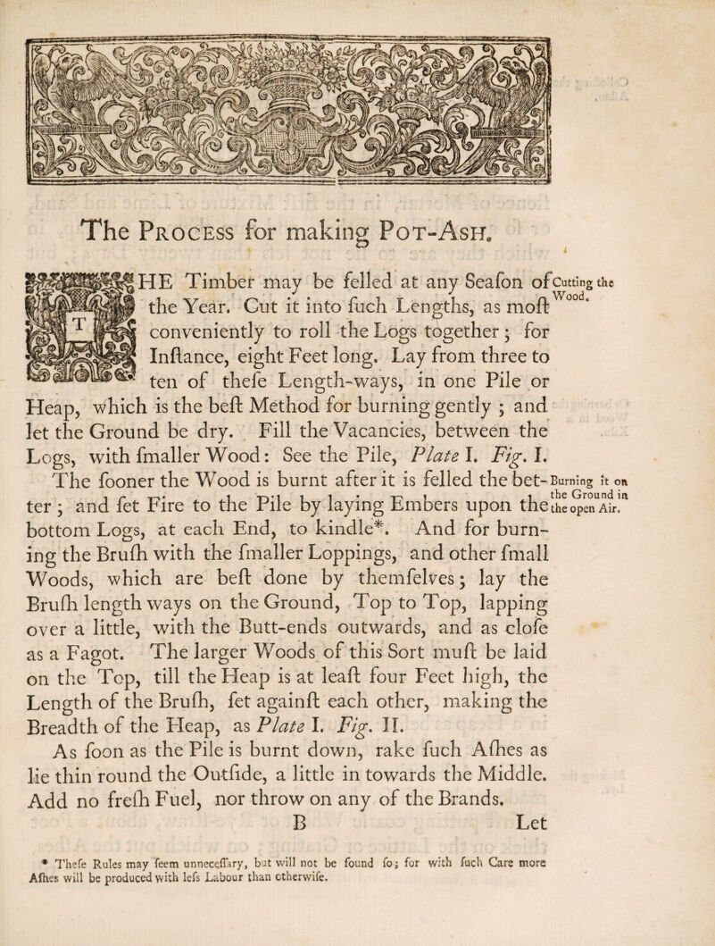 The Process for making Pot-Ash. |$[HE Timber may be felled at any Seafon ofCuttingthe the Year. Cut it into fuch Lengths, as moll conveniently to roll the Logs together ; for Inftance, eight Feet long. Lay from three to ten of thefe Length-ways, in one Pile or Heap, which is the beft Method for burning gently ; and let the Ground be dry. Fill the Vacancies, between the Logs, with fmaller Wood: See the Pile, Plate I. Fig. I. The fooner the Wood is burnt after it is felled the bet-Burning it oR ter ; and fet Fire to the Pile by laying Embers upon thetheoprenA?r.m bottom Logs, at each End, to kindle*. And for burn¬ ing the Brufh with the fmaller Loppings, and other fmall Woods, which are beft done by themfelves; lay the Brufh length ways on the Ground, Top to Top, lapping over a little, with the Butt-ends outwards, and as clofe as a Fagot. The larger Woods of this Sort muft be laid on the Top, till the Heap is at leaft four Feet high, the Length of the Brufh, fet againft each other, making the Breadth of the Fleap, as Plats I. Fig. II. As foon as the Pile is burnt down, rake fuch Afhes as lie thin round the Outftde, a little in towards the Middle. Add no frelh Fuel, nor throw on any of the Brands. B Let * Thefe Rules may feem unnecefTary, but will not be found foj for with fuch Care more Afhes will be produced with lefs Labour than ctherwife.