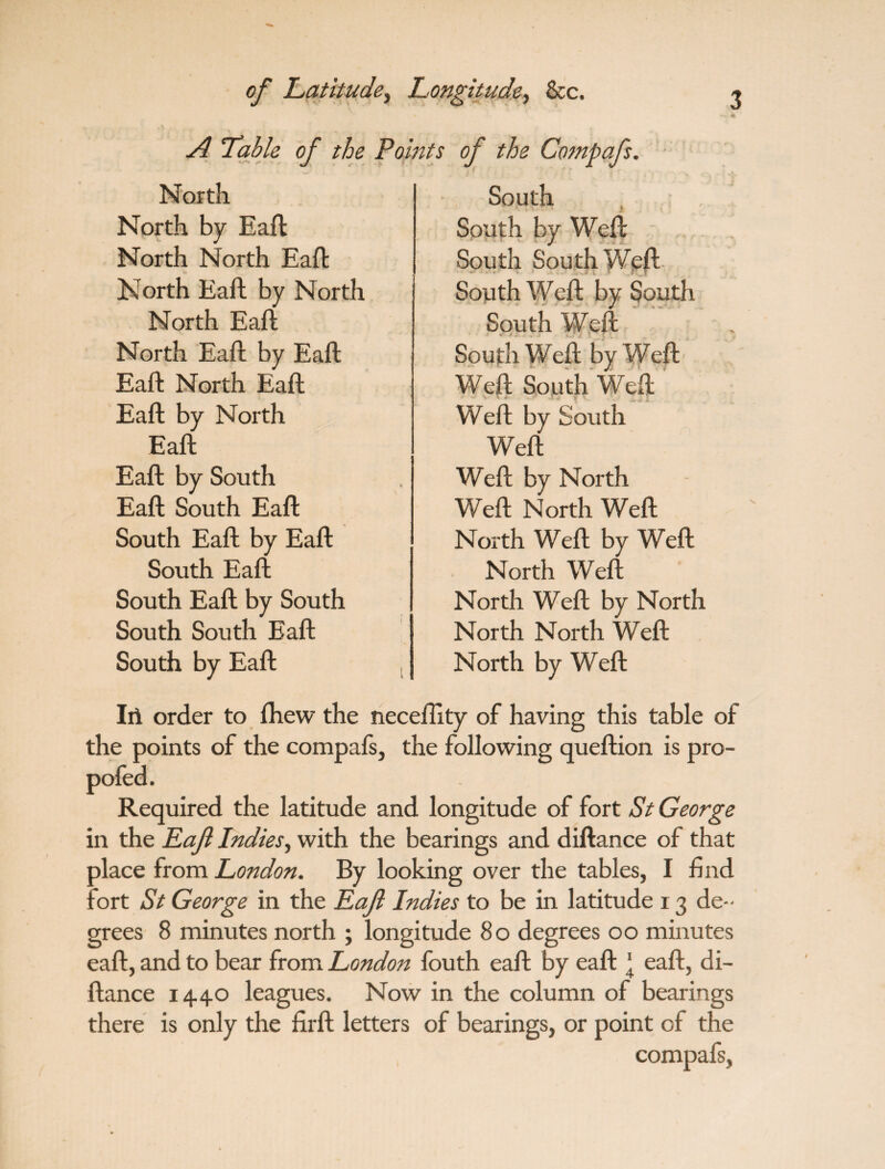 ^ Table of the Points of the Compafs. North North by Eaft North North Eaft u North Eaft by North North Eaft North Eaft by Eaft Eaft North Eaft Eaft by North Eaft Eaft by South Eaft South Eaft South Eaft by Eaft South Eaft South Eaft by South South South Eaft South by Eaft South South by Weft South South Weft South Weft by South South Weft South Weft by Weft Weft South Weft ' Weft by South Weft Weft by North Weft North Weft North Weft by Weft North Weft North Weft by North North North Weft North by Weft Iri order to fhew the neceflity of having this table of the points of the compafs, the following queftion is pro- pofed. Required the latitude and longitude of fort St George in the Laf Indies, with the bearings and diftance of that place from London. By looking over the tables, I find fort St George in the Eaft Indies to be in latitude 13 de¬ grees 8 minutes north ; longitude 80 degrees 00 minutes eaft, and to bear from London fouth eaft by eaft ‘ eaft, di¬ ftance 144.0 leagues. Now in the column of bearings there is only the firft letters of bearings, or point of the compafs,