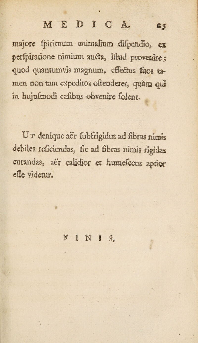 majore fpiritmim animalium difpendio, ex perfpiradone nimium au£ia» iftud provenire j quod quantumvis magnum» efleftus luos ta¬ men non tam expeditos oftenderet» qulm qui in bujufinodi cafibus obvenire folent. Ut denique aer fcbfrigidus ad fibras nimis debiles reficiendas» fic ad fibras nimis rigidas curandas» aer calidior et humefcem aptior efle videtur. FINIS»