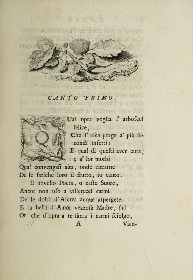 Ual opra voglia V arbofcel felice, Che T efea porge a’ piu fe¬ condi infetti ; E qual di quefti aver cura3 e a’ lor morbi Qual convengali aita, onde ritrarne De le fatiche loro il frutto, io canto. Il novello Poeta, o calte Suore, Ancor non ufo a villerecci carmi De le dolci d’Aferea acque afpergete. E tu bella d’Amor vezzofa Madre, (i) Or che d'opra a te facra i carmi fciolgo, A Vien-