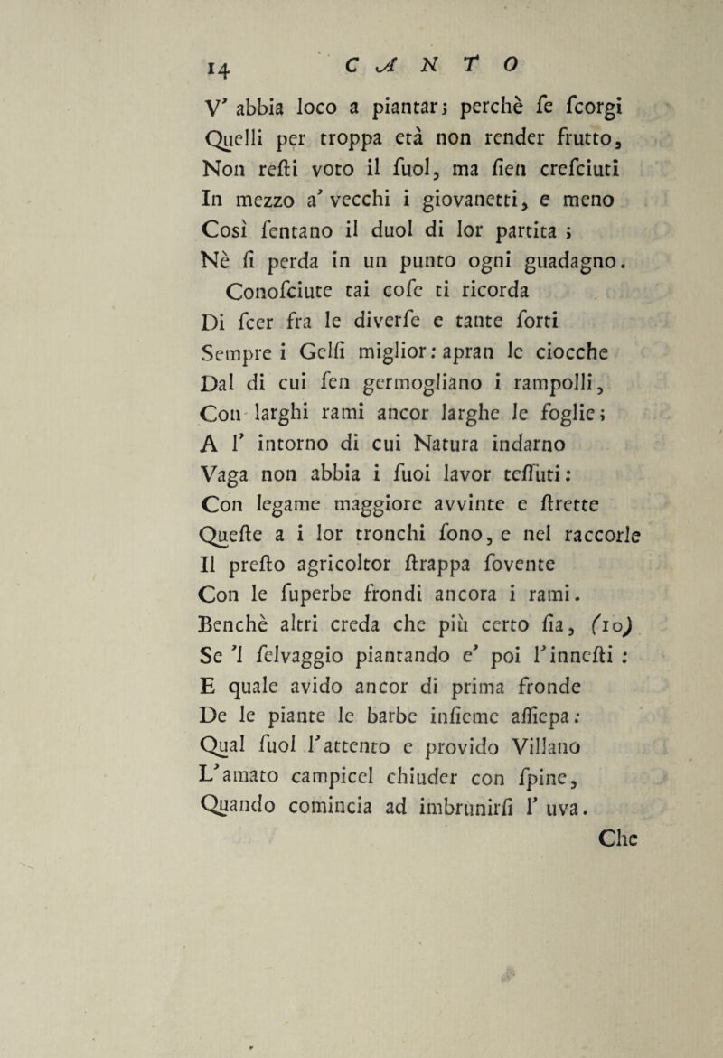 V’ abbia loco a piantar; perchè fé fcorgi Quelli per troppa età non render frutto. Non redi voto il fuol, ina fien crefciuti In mezzo a vecchi i giovanetti, e meno Così Tentano il duol di lor partita > Nè fi perda in un punto ogni guadagno. Conofciute tai cofe ti ricorda Di feer fra le diverfe e tante forti Sempre i Gelfi miglior : apran le ciocche Dal di cui fen germogliano i rampolli. Con larghi rami ancor larghe le foglie; A T intorno di cui Natura indarno Vaga non abbia i Tuoi lavor tellùri ; Con legame maggiore avvinte e ftrette Quelle a i lor tronchi fono, e nel raccorle Il prefto agricoltor ftrappa fovente Con le fuperbe frondi ancora i rami. Benché altri creda che più certo fia, (io) Se '1 felvaggio piantando e poi Tinnefii ; E quale avido ancor di prima fronde De le piante le barbe infieme afliepa; Qual Tuoi rattento c provido Villano L'amato campicel chiuder con fpinc, Quando comincia ad imbrunirli V uva. Che