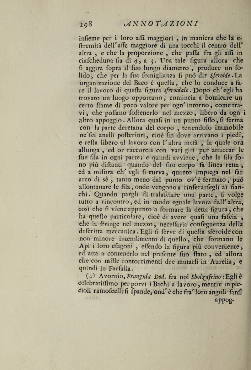 infieme per i loro affi maggiori , in maniera che la e- llremità dell*alfe maggiore di una tocchi il centro dell'' altra , e che la proporzione , che palla fra gli affi in ciafcheduna fa di 4, a 3. Una tale figura allora che fi aggira fopra il fuo lungo diametro , produce un fio- lido, che per la fua fomiglianza fi può dir Sferoide.La organizazione del Baco è quella, che lo conduce a fa¬ re il lavoro di quella figura sferoidale. Dopo ch’egli ha trovato un luogo opportuno, comincia a bomicare un certo fhme di poco valore per ogn’ intorno, come tra¬ vi , che pollano follenerlo nel mezzo, libero da ogn i altro appoggio. Allora quali in un punto fiflb,fi ferma con la parte deretana del corpo , tenendolo immobile ne’fei anelli polleriori, cioè fin dove arrivano i piedi, e rella libero al lavoro con l’altra metà , la quale ora allunga , ed or raccorcia con varj giri per attaccar le fue fila in ogni parte; e quindi avviene, che le fila fo¬ no più diftanti quando del fuo corpo fa linea retta , ed a mifura eh’ egli fi curva, quanto impiega nel far arco di sè , tanto meno dal punto ov’ è fermato, può allontanare le fila, onde vengono a rinferarfegli ai fian¬ chi. Quando pargli di tralafdare una parte , fi volge tutto a rincontro , ed in modo eguale lavora dall’altra, così che fi viene appunto a formare la detta figura, che ha quello particolare, cioè di avere quali una fafeia , che la flringe nel mezzo, necefiaria confeguenza della deferitta meccanica. Egli fi ferve di quella sferoide con non minore intendimento di quello, che formano le Api i loro efagoni , ellendo la figura più conveniente, ed atta a contenerlo nel prefente fuo flato , ed allora che cor? mille contorcimenti dee mutarli in Aurelia, e quindi in Farfalla. (4} Avornio, Frangala Lod. fra noi Sbol^afrino : Egli è celebratiffimo per porvi i Bachi a lavoro, mentre in pic¬ cioli ramofcelltfi Ipande, ond’ è che fra’ loro angoli fànfi appog-
