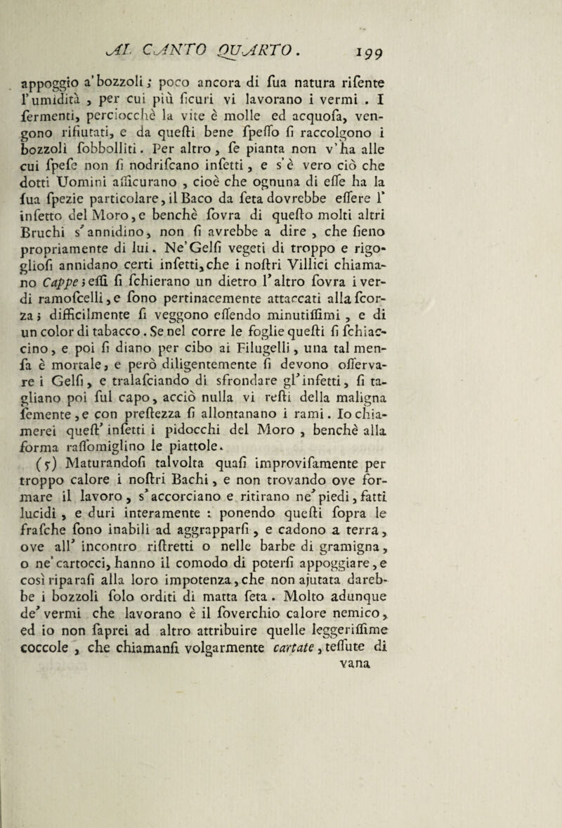 ai C.JKTQ PU.ylR.TO. appoggio a’bozzoli; poco ancora di fua natura rifente l’umidità , per cui più ficuri vi lavorano i vermi . I fermenti, perciocché la vite è molle ed acquofa, ven¬ gono rifiutati, e da quefli bene fpeffo fi raccolgono i bozzoli fobbolliti. Per altro, fe pianta non v’ha alle cui fpefe non fi nodrifcano infetti, e s’è vero ciò che dotti Uomini aiucurano , cioè che ognuna di effe ha la fua fpezie particolare, il Baco da feta dovrebbe elfere 1* infetto del Moro, e benché fovra di quello molti altri Bruchi s’annidino, non fi avrebbe a dire , che fieno propriamente di lui. Ne’Gelfi vegeti di troppo e rigo- gliofi annidano certi infetti,che i nollri Villici chiama¬ no Cappe j elfi fi fchierano un dietro l’altro fovra i ver¬ di ramofcelli,e fono pertinacemente attaccati allafcor- za > difficilmente fi veggono ellendo minutillimi , e di un color di tabacco. Se nel corre le foglie quefli fi fchiac- cino, e poi fi diano per cibo ai Filugelli, una tal men- fa è mortale, e però diligentemente fi devono oflerva- re i Gelfì, e tralafciando di sfrondare gl’infetti, fi ta¬ gliano poi fui capo, acciò nulla vi redi della maligna femente,e con preflezza fi allontanano i rami. Io chia¬ merei quell’ infetti i pidocchi del Moro , benché alla forma raffomiglino le piattole. (f) Maturandoli talvolta quali improvifamente per troppo calore i noflri Bachi, e non trovando ove for¬ mare il lavoro, s’accorciano e ritirano ne’piedi, fatti lucidi , e duri interamente : ponendo quefli fopra le frafche fono inabili ad aggrapparfi , e cadono a terra, ove all’incontro riflretti o nelle barbe di gramigna, o ne’cartocci, hanno il comodo di poterli appoggiare,e così riparali alla loro impotenza, che non ajutata dareb¬ be i bozzoli folo orditi di matta feta . Molto adunque de’vermi che lavorano è il foverchio calore nemico, ed io non faprei ad altro attribuire quelle leggeriffime coccole , che chiamanfi volgarmente cartate, telfute di vana