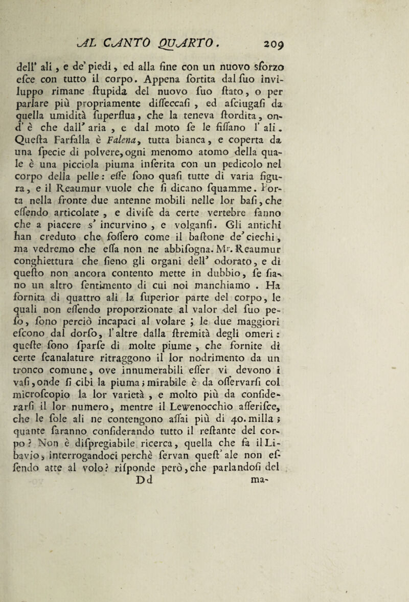 dell* ali y e de’ piedi, ed alla fine con un nuovo sforzo efce con tutto il corpo. Appena fortita dal Tuo invi¬ luppo rimane fiupida del nuovo fuo fiato, o per parlare più propriamente diffeccafi , ed afciugafi da quella umidità fuperflua, che la teneva fiordita, on- d’ è che dall* aria , e dal moto fe le fiflano 1* ali. Quefta Farfalla è Falena> tutta bianca, e coperta da una fpecie di polvere, ogni menomo atomo della qua¬ le è una picciola piuma inferita con un pedicolo nel corpo della pelle : effe fono quafi tutte di varia figu¬ ra, e il Reaumur vuole che fi dicano fquamme. Por¬ ta nella fronte due antenne mobili nelle lor bafi, che elfendo articolate , e divife da certe vertebre fanno che a piacere s> incurvino , e velganfi. Gli antichi han creduto che fodero come il baffone de'ciechi, ma vedremo che ella non ne abbifogna. M!‘. Reaumur conghiettura che fieno gli organi dell* odorato, e di quello non ancora contento mette in dubbio, fe fia-v no un altro fentimento di cui noi manchiamo . Ha fornita di quattro ali la fuperior parte del corpo, le quali non elfendo proporzionate al valor del fuo pe¬ lo, fono perciò incapaci al volare ; le due maggiori efcono dal dorfo, 1*altre dalla ftremità degli omeri: quelle fono fparfe di molte piume , che fornite di certe fcanalature ritraggono il lor nodrimento da un tronco comune, ove innumerabili elfer vi devono i vali,onde fi cibi la piuma>mirabile è da olfervarfi col microfcopio la lor varietà , e molto più da confide- rarfì il lor numero, mentre il Lewenocchio alferifce, che le fole ali ne contengono affai più di 40. milla > quante faranno confiderando tutto il rellante del cor¬ po ? Non è difpregiabile ricerca, quella che fa il Li¬ ba vio , interrogandoci perchè fervan quell' ale non efi fendo atte al volo? rifponde però,dìe parlandoli del Dd ma-
