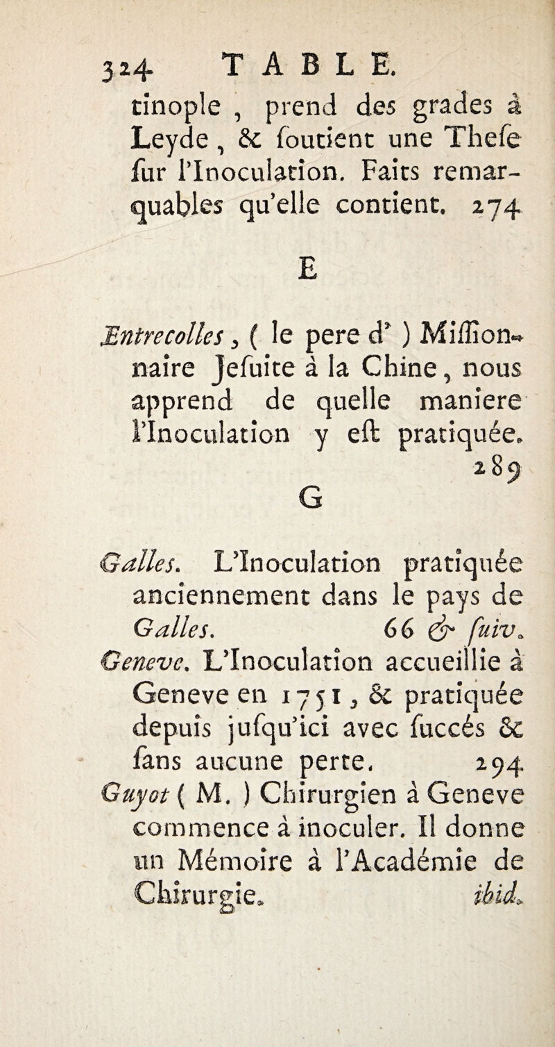 tinople , prend des grades à Leyde, & foutient une Thefe fur l’Inoculation. Faits remar¬ quables quelle contient. 274 E JEntrecolles , ( le pere d’) Million» naire jefuite à la Chine, nous apprend de quelle maniéré l’Inoculation y eft pratiquée. 289 G Galles. L’Inoculation pratiquée anciennement dans le pays de Galles. 66 & fuiv« Geneve. L’Inoculation accueillie à Geneve en 1751, & pratiquée depuis jufqu’ici avec fuccés & fans aucune perte. 294 Guyot ( M. ) Chirurgien à Geneve commence à inoculer. Il donne un Mémoire à l’Académie de Chirurgie. ibid*
