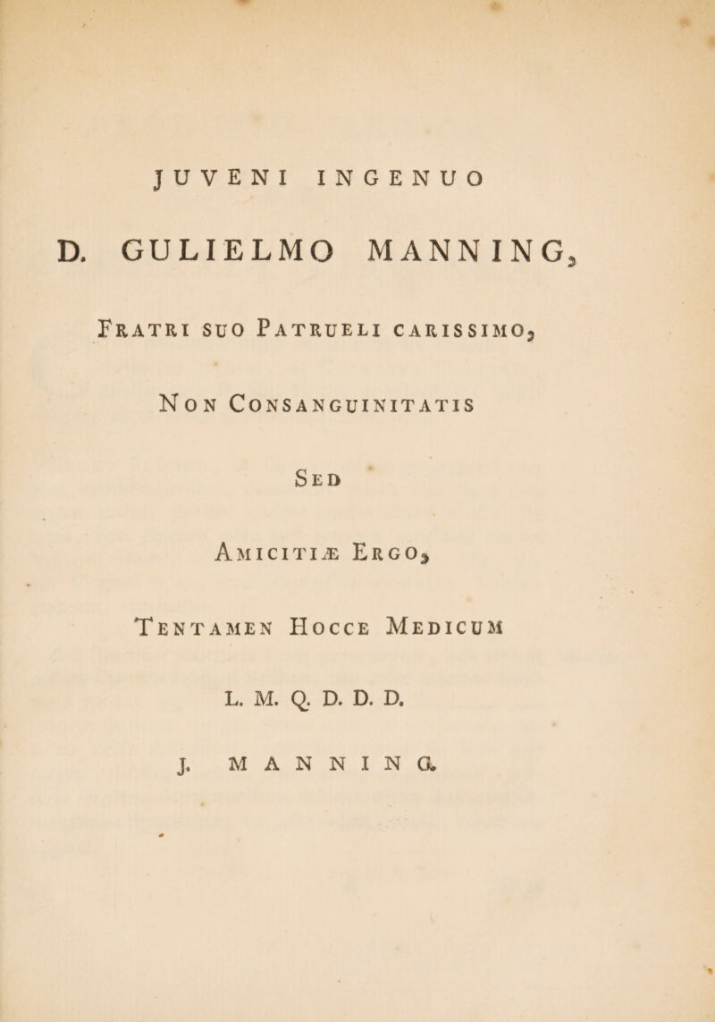 JUVENI INGENUO D. GULIELMO M ANN I N G2 Fratri suo Patrueli carissimo5 Non Consanguinitatis Sed Amiciti.* EegOj Tentamen Hocce Medicum L. M. Q. D. D, D. J. MANNING.