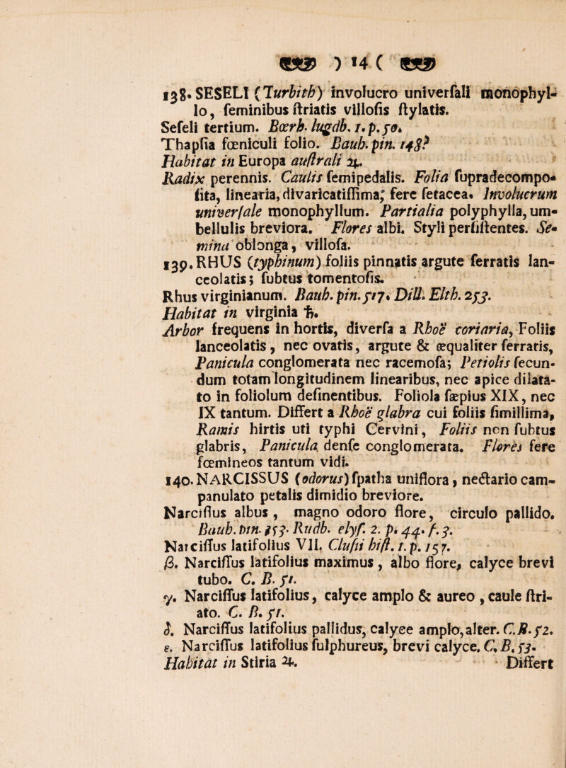 ruc «s> 138. SESELI (Turbiih) involucro univerfali raonophyl-i lo, feminibus ftriatis villofis ftylatis. Sefeli tertium. Boerh-lugdb. r.p.yo* Thapfia feniculi folio. Baub. pin. 14$? Habitat in Europa auflrali sj.. Radix perennis. Caulis femipedalis. Folia fupradecompo* lita, linearia, divaricatiflima; fere fetacea. Involucrum univer/ale monophyllum. Partialia polyphylla, um- bellulis breviora. Flores albi. Styli perhllentes. Se* mina oblonga , villofa. ijp.RHUS (jypbinum) foliis pinnatis argute ferratis lan- ceolatis; fubtus tomentofis. Rhus virginianum. Baub. pin. f 17* Dill> Elth. 2yj\ Habitat in virginia *ft. Arbor frequens in hortis, diverfa a Rhoe coriaria. Foliis lanceolatis , nec ovatis, argute & aequaliter ferratis, Panicula conglomerata nec racemofa; Petiolis fecun¬ dum totam longitudinem linearibus, nec apice dilata¬ to in foliolum definentibus. Foliola faepius XIX, nec IX tantum. Differt a Rhoe qlabra cui foliis fimillima. Ramis hirtis uti typhi Cervini, Foliis ncn fubtus glabris, Panicula, denfe conglomerata. Flores fere femineos tantum vidi. 140. NARCISSUS [odorus) fpatha unifloraj nedlario cam* panulato petalis dimidio breviore. Narciflus albus, magno odoro flore, circulo pallido. Baub. t)in> H3- Rudb. elyf. 2. />. 44. f. y. Naiciflus latifolius VII. Clufti hifl. /. p. /5 7. /3. Nardffus latifolius maximus, albo flore, calyce brevi tubo. C. J5. y/. y. Narciffus latifolius, calyce amplo & aureo , caule ftri- ato. C. Pu y/. Narciffus latifolius pallidus, calyce amplo,alter. C.B.fz. e. Nardffus latifolius fulphureus, brevi calyce. Habitat in Stiria 2*. - Differt
