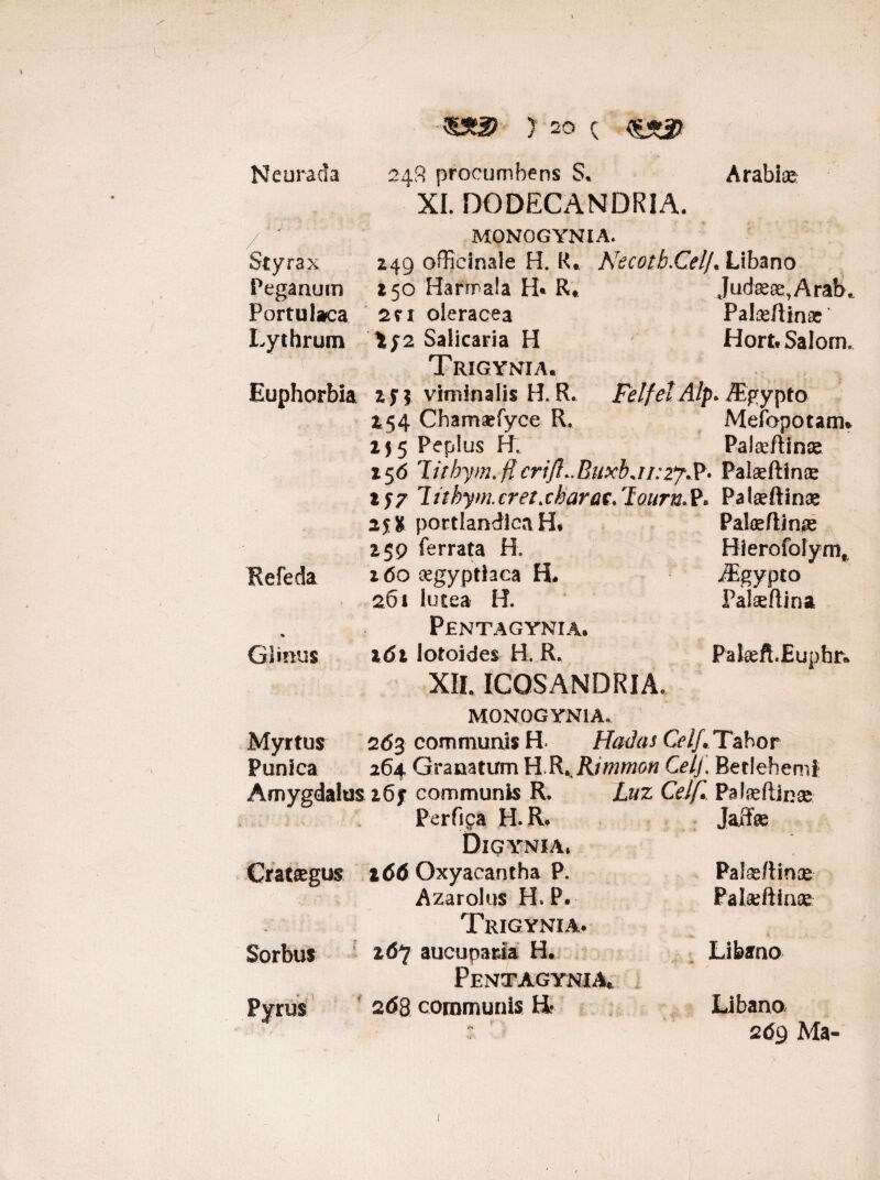 Neuracia 24R procumbens S, Arabias XI. DODECANDRIA. / it MONOGYNIA. Styrax 249 officinale H. R. Necotb.Cel/. Libano Peganum 250 Harmala H* R, Judaeae,AraK Portulaca oleracea Palseftinae Lythrum 1;2 Salicaria H Hortt Salom. Trigynia. Euphorbia z ji viminalis H. R. Felfet Alp. JEpypto 154 Chamsefyce R. Mefapotam* 215 Peplus R Palae /tinae 156 Tithym. fl'crift..Buxb*P. Palseftince 257 7ithym. cret. charae. lourn. P- , Palaeftinae 2$ K portlandicaH* Paloefting; 259 ferrata H. Bierofolym, Refeda 2 60 cegyptiaca H* ^Egypto 261 lutea H. Palae ftina % Pentagynia. Glimis idt lotoides H. R. PaJeeft.Euphr* XIL ICOSANDRIA. MONOGYNIA. Myrtus 263 communis H- Hadas Ce//. Tabo r Punica 264 Granatum H.R,.R//??W(J« Ce/y. Betlehemi Amygdalus 16f communis R. Luz Celf., Pafseftinae Perfiya H.R. Jaflfe DlGYNIA, Cratsegus l<5d Oxyacantha P. Palae/tinae Azarolus H. P. Palaeftinae Trigynia. K ,> Sorbus 2.(57 aucupar.ia H. Libano Pentagynia» Pyrus 268 communis Hr Libano. ®7 «w 269 Ma- I