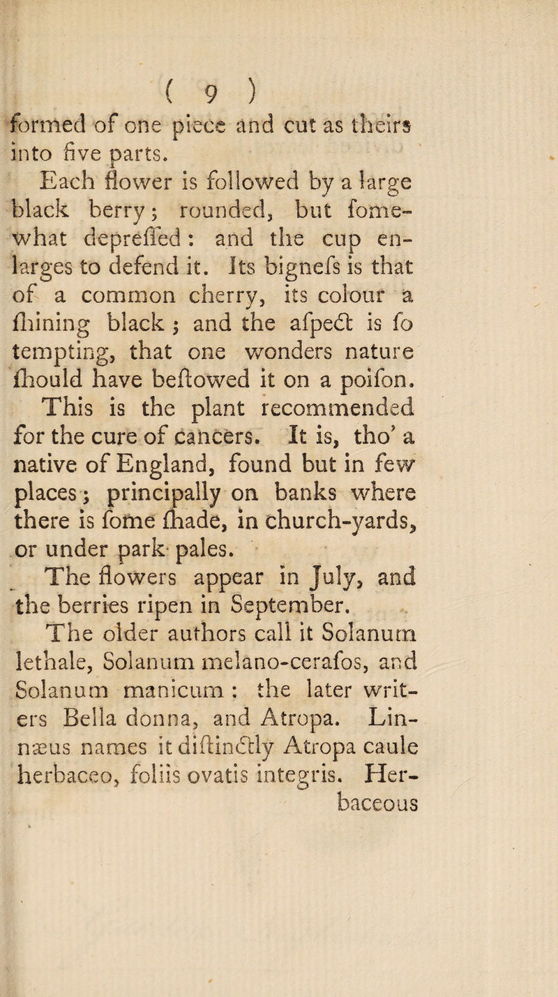 formed of one piece and cut as theirs into five parts. Each flower is followed by a large black berry; rounded, but fome- what deprefled: and the cup en¬ larges to defend it. Its bignefs is that of a common cherry, its colour a finning black ; and the afped is fo tempting, that one wonders nature fhould have bellowed it on a poifom This is the plant recommended for the cure of cancers. It is, tho' a native of England, found but in few places; principally on banks where there is fome fliade, in church-yards, or under park pales. The flowers appear in July, and the berries ripen in September. The older authors call it Solanutn lethale, Solanum melano-cerafos, and Solanum manicum : the later writ¬ ers Bella donna, and Atropa. Lin¬ naeus names it diflindly Atropa caule herbaceo, foliis ovatis integris. Her¬ baceous