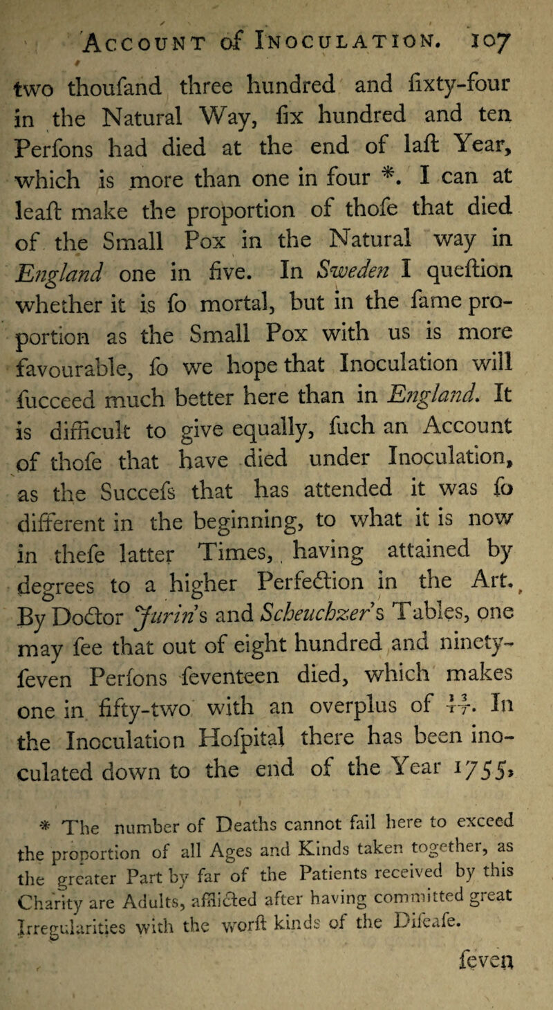 * two thoufand three hundred and lixty-four in the Natural Way, fix hundred and ten Perfons had died at the end of laft Year, which is more than one in four *. I can at leaft make the proportion of thofe that died of the Small Pox in the Natural way in England one in five. In Sweden I queftion whether it is lb mortal, but in the fame pro¬ portion as the Small Pox with us is more favourable, fo we hope that Inoculation will fucceed much better here than in England. It is difficult to give equally, fuch an Account of thofe that have died under Inoculation, as the Succefs that has attended it was fo different in the beginning, to what it is now in thefe latter Times,, having attained by degrees to a higher Perfeftion in the Art., By Doftor Jicrins and Scheiichzers, Tables, one may fee that out of eight hundred and ninety- feven Perfons fevcnteen died, which makes one in fifty-two with an overplus of i-h In the Inoculation Hofpital there has been ino¬ culated down to the end of the Year i755> The number of Deaths cannot fail here to exceed the proportion of all Ages and Kinds taken together, as the greater Part by far of the Patients received by this Charity are Adults, afliiaed after having committed great Irregularities with the worft kinds of the Difeafe. fevea