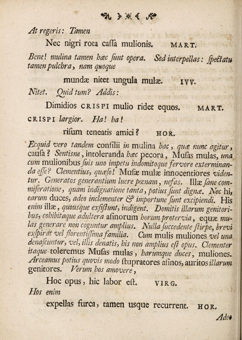 >*<■& At regeris: Tamen Nec nigri rota calla mulionis. mart. Tene! mulina tamen hoc Junt opera. Sed interpellas: JpeSfatu tamen pulchra, nam quoque / ' 'SE munda: nitet ungula mula». ivy. Nitet. Quid tum? Addis: Dimidios crispi mulio ridet equos. mart. crispi largior. Hal ha! rifum teneatis amici? hor. Ecquid vero tandem confflii in mulina hac, qua nunc agitur, caufa ? Sentisne, intoleranda hac pecora, Mufas mulas, una cum mulionibus Jiiis uno impetu indomitoque fervore exterminan¬ da ej]e? Clementius, quafo! Mulae mulas innocentiores viden¬ tur • Generatos generantium luere poenam, nefas. Illae fane com- miferatione, quam indignatione tanta, potius Junt digno. Nec hi, earum duces, adeo inclementer & importune Junt excipiendi. His enim ilis, quousque exfJiunt, indigent. Domitis illarum genitori¬ bus, cohibitaque adultera afinorum horum protervia, equae mu¬ las genet at e non coguntur amplius. Nulla fuccedente Jtirpe, brevi exfpirdt vel florentijflma familia, Cum mulis muliones vel una denafcutitur, vel, illis denatis, his non amplius efl opus. Clementer itaque toleremus Mulas mulas, harumque duces, muliones. Arceamus potius quovis modo ftupratores aiinos, auritos illarum genitores. Verum hos amovere, Hoc opus, hic labor elh v i R G. Hos enim expellas furca, tamen usque recurrent, hor. Ade»