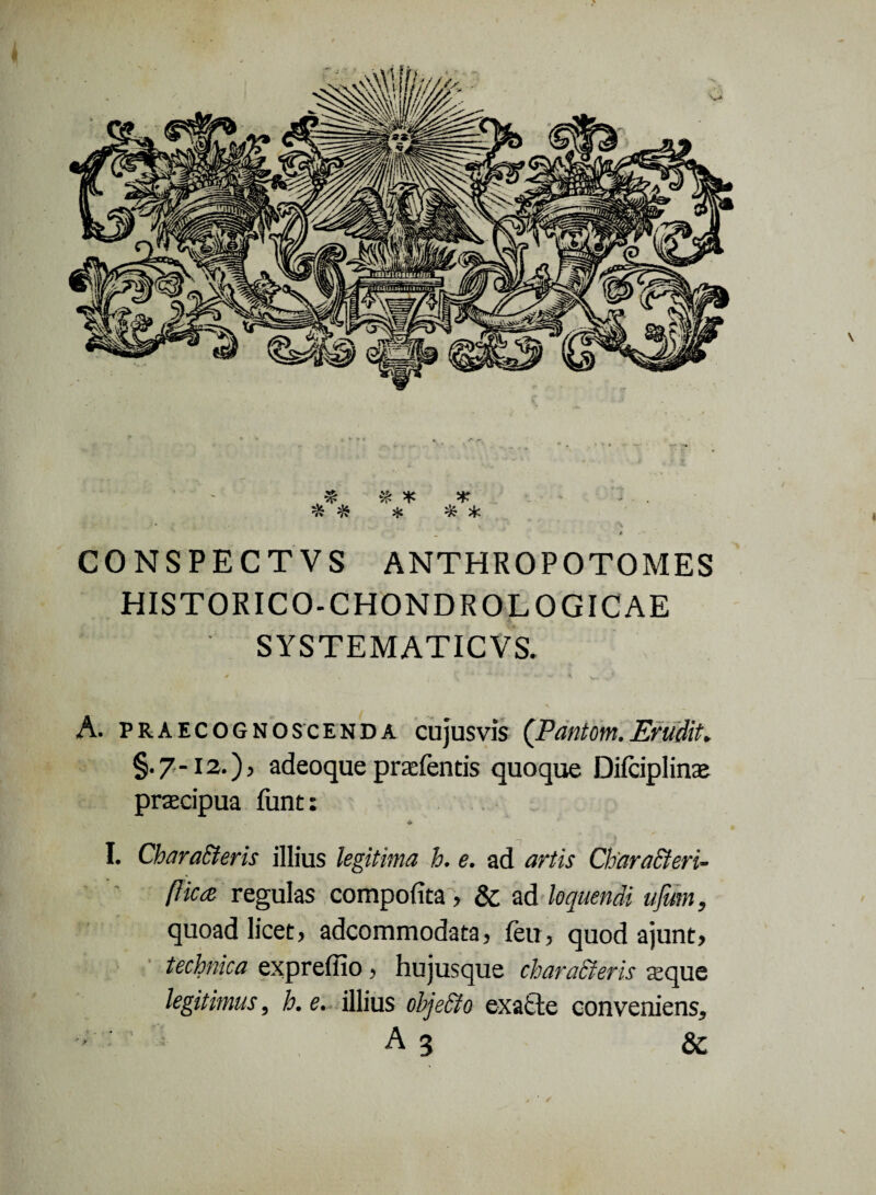 * # * * * % * * * CONSPECTVS ANTHROPOTOMES HISTORICO-CHONDROLOGICAE SYSTEM ATICVS. A. praecognoscenda cujusvis (Pantom.Erudit* §.7-12.), adeoque praelentis quoque Difciplinae praecipua funt: * I. CharaSieris illius legitima h. e. ad artis Chara&eri- flica regulas compofita > & ad loquendi afum, quoad licet > adcommodataj icu, quod ajunt> technica expreffio , hujusque characteris seque legitimus, h. e. illius objecto exa£le conveniens, A 3 &