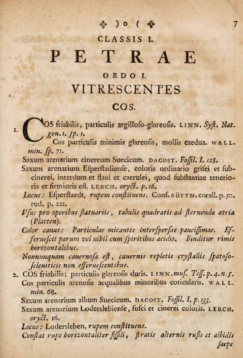 CLASSIS I. PETRAE ORDO I. VITRESCENTES cos. COS friabilis, particulis argillofo-glareofis. linn. Syft. Nat. gen. i. Jp, /. Cos particulis minimis glareofis, mollis caedua. wal,l. Saxum arenarium cinereum Suecicum. dacost. FoJJil, L 128. Saxum arenarium Efperftadienfe, coloris ordinario grifei et fub- cinerei, interdum et flaui et caerulei , quod iubftantiae tenerio¬ ris et firmioris eft. lerch. oryffi. p. 16... Locus: Efperlkedt, rupem conftituens. Conf.btiTTN.corall.p.50. rud. p. 221. Color canus: Particulae micantes interfperfae pauciftimae. Ef- feruefcit parum vel nihil cum fpiritibus acidis. Finditur rimis horizontalibus. 2. COS friabilis; particulis glareofis duris, linn.muf. Tejf.p.q.n.f. Cos particulis arenofis aequalibus minoribus coticularis. w a l l. min. 68. Saxum arenarium album Suecicum. dacost. FofliL L p-ijj. Saxum arenarium Loderslebienfe, fufci et cinerei coloris, lerch. oryff. 16. Locus: Lodersleben, rupem conftituens. Conflat rupe horizontaliter ftjftli, ft ratis alternis rufts et allidis