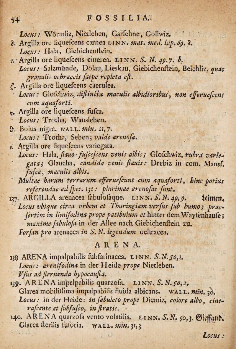 S4 Locus: Wormliz, Nietleben, Garfehne, GoIIwiz. & Argilla ore liquefcens carnea linn. mat, med. lap,<fp. Locus: Hala, Giebichenflein. 6, • Argilla ore liquefcens cinerea, linn. & N. 49,7. b. Locus: Salzmiinde, Dolau, Lieskau, Giebichenflein, Beichliz, quae granulis ochrae cis faepe repleta e fi. Argilla ore liquefcens caerulea. • Locus: Glofchwiz, difiincia maculis albidioribus, non efferuefcens cum aquaforti. q. Argilla ore liquefcens fufea. • Locus: Trotha, Wansleben. Bolus nigra, wall. min. 21,7. Locus: Trotha, Seben; valde arenofa. f. Argilla ore liquefcens variegata. Locus: Hala, flauo- fufccfccns venis albis; Glofchwiz, rubra varie¬ gata; Glaucha, candida venis flauis: Drebiz in com. Mansf. fufea, maculis albis. Multae harum terrarum ejferuefcunt cum aquaforti, hinc potius referendae ad fpec. i;z : 'plurimae arenofae funt. 137. ARGILLA arenacea fabulofaque. linn. S. N>4p,p. ietmett» Locus vbique circa vrbem et Thuringiam verfus fub humo; prae- fertim in limifodina prope patibulum et hinter dem Wayfenhaufe; maxime fabulofa in der Allee nach Giebichenflein zu. Forfan pro arenacea in S. N. legendum ochracea. ARENA. 13S ARENA impalpabilis fubfarinacea. linn. S. N. fo9t. Locus: arenifodina in der Heide prope Nietleben. Vfus ad fiernenda hypocaufia. 139. ARENA impalpabilis quarzofa. linn. S. ld.S0,2. Glarea mobiliflima impalpabilis fluida albicans, wall. min. 30. Locus: inderHeide: in fabulet 0 prope Diemiz, colore albo, cine- rafcente et fubfufco, in firatis. 140. ARENA quarzofa vento volatilis, linn. S.N, 50,3. ©icffank Glarea Herilis fuforia, wall. mm. 31,3