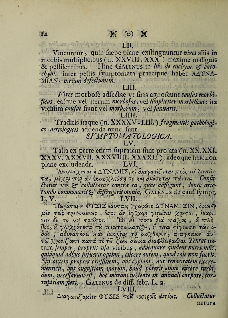 u M (o) M LIL Vincuntur , quin faepe plane exftinguuntur vires aliis in morbis multiplicibus ( n. XXVIII, XXX.) maxime malignis & peftilentibus. Hinc GAlenus in lib. de euchym. y9 caco- cbym, inter peftis fymptomata praecipue habet AATNA- 3V1IAN, virium defeSHonem. LIII. Vires morbofe adfe&ae vt fuas agnofcunt caufas morbi- ficasy eafque vel iterum morbo fas, vel [impliciter morbificas: ita vicilfim caufae fiunt vel morborum, vel fanitatis♦ LIIII. Traditis itaque (n* XXXXV- LIII.) fragmentis pathologi¬ co-aetiologicis addenda nunc funt SFMP TOMA TOLOGICA. Ly. Talia ex parte etiam fupraiam fiint prolata (n,XX.XXL XXXV. XXXVII. XXXVI1II. XXXXII), adeoque heicnon plane excludenda.* LVI. ' x ^ 'Avzjj.ctXzrai y\ ATNAMI2, yfj Siccycdviifirajf 7rpoQ rei ?\u7thv- <rcL) fPiXg1 &v IkpLoXtev&y Tg Hicoo-Yircq ttcLvtcl. Confli- , donec arie- caufifympt;. TTs/^tol/ w <PY!SliS icLvr&u; X^ysvr ATNAME2IN, o/uoi£v JUiV TqTc T^1®0(MV01Q , 0(701/ C&V iyXOJQVI yiVioJcUj X^^ ? IkZQl- VUV TQ /di) ‘TQlhTOV. ' ’'Hv Si 7T0Ti Std Tld-X0^ > * 77^}?- 0o?, It yXiX^QTmct rS 7repnrctl/u&r(@y > v riva fiyvooaiv rcov 6- om y dSuvctrwii ttclv iJOC^Tvcy ro yoXOnpov , dvctyycctiav dv- rd[ X£°'difovri ycard rorS acopict Sict$&ii(>cL<d-ajj. TentatnQ.- tura femper, propriis vfa viribus , adaequare quidem nutriendis^ quidquid adbuc jnfuerit optimi y eiicere autem, quod tale non fuerit. Sin autem propter craflitiem, aut copiam 3 aut tenacitatem excre- inenticii3 aut angufliam viarum y haud poterit omne eiicere turbi¬ dum , necejfariun eft3 hoc moram ne&ente in animali corpore 3 cor-> ruptelam fieri. - Galenus de diff. febr. L. 2. IU ; lviil : &tcLyco\u(foyiVY\ «EY2I2 toT; vo(7$go/c dnloi$♦ Colludatur natura datur vis £jf colluctatur contra ea , quae ad figunt tando commoueritif diffregerit omnia. Galenus de