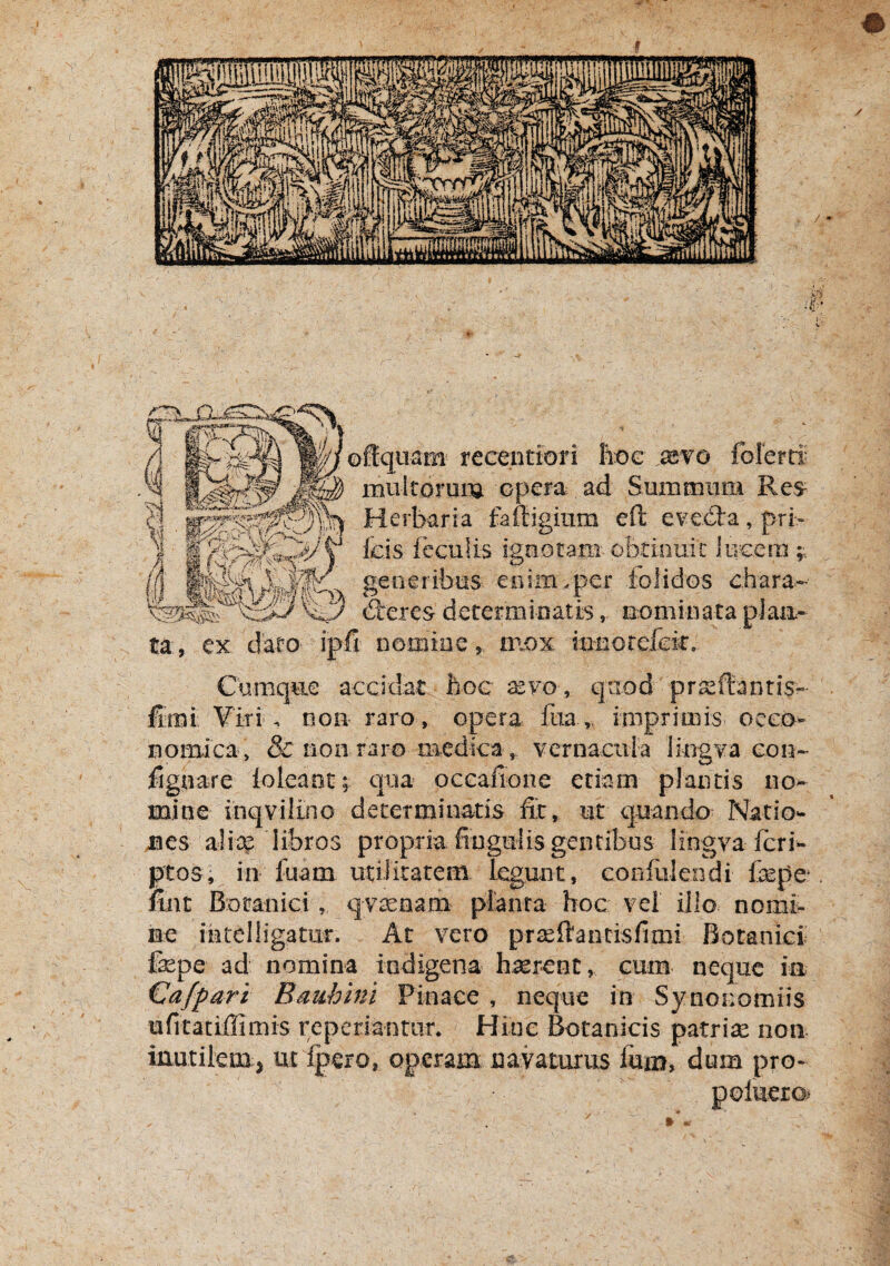 ^flquam reGentiori Iiog ,^vo fblerti; fcis leculis ignotam'obtmuic Iqcem geoeiibus enim.per foliclos chara- dreres determinatis, oominata piaii- ta, ex dato ipfi nomiae, mox iiinotcfGic. Cumque accidat fcocasFo, qixod prseftantis- fimi Viri, non raro, opera ftiaimprimis oceo- nomica, & non raro m.edica, vernaciiia iingya eon- fignare ioleaot; qua occafione etiam plantis no¬ mine inqvilino determinatis ft, nt quando Natio*- jies ali^^ libros propria fingiilis gentibus iingva fcri^ ptos, in luam udJiratem legunt, corxliileodi fepe . fint Botanici , qv^cnam planta hoc vel illo nomi¬ ne ihtelligatur. At vero pra^ftantisfimi Botanici fepe ad nomina indigena hserent, cum neque in Gafpari Batihlni Pinace , neque in Synocomiis ufitatiffimis repcriantiir. Hine Botanicis patriae non inutilem, ut Ipero, operam navaturus fum, dum pro- poluero’ imiltormn opera ad Summum Res Herbaria faftigium eft evedla, pri- » w