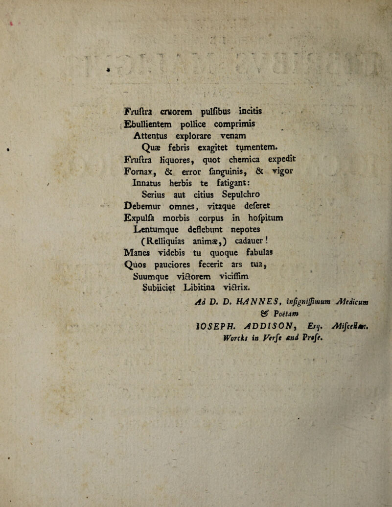 ■ » V { > * .i . Fruftra cniorem pulfibus incitis Ebullientem pollice comprimis Attentus explorare venam Quae febris exagitet tumentem. Fruftra liquores, quot chemica expedit Fornax, & error fanguinis, & vigor Innatus herbis te fatigant: Serius aut citius Sepulchro Debemur omnes, vitaque deferet Expulfa morbis corpus in hofpitum Lentumque deflebunt nepotes (Relliquias animae,) cadauer! Manes videbis tu quoque fabulas Quos pauciores fecerit ars tua, Suumque vi&orem viciflim Subiiciet Libitina vi&rix. Ad D. D. HANNES, infignijfimum Aiedicum Sf? Voitam IOSEPH. ADDISON, Esq. AUfceHm. Worcks in Ferfe and Preft. r N •/.* '