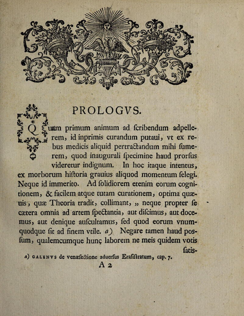 PROLOGVS. !| O Cuttm primum animum ad fcribendum adpelle- rem, id inprimis curandum putaui, vt ex re- w bus medicis aliquid pertra&andum mihi lume- Sjj rem, quod inaugurali fpecimine haud prorfus videretur indignum. In hoc itaque intentus, ex morborum hiftoria grauius aliquod momentum felegi. Neque id immerito. Ad folidiorem etenim eorum cogni¬ tionem, & facilem atque tutam curationem, optima quae- uis, qute Theoria tradit, collimant, „ neque propter fe caetera omnia ad artem fpeftanda, autdifcimus, aut doce¬ mus, aut denique aulcultamus, fed quod eorum vnum- quodque fit ad finem vtile. a) Negare tamen haud pos- fum, qualemcumque hunq laborem ne meis quidem votis fatis- a) galsnvs de venaefe&ione aduerfus Erafiftratuni| cap. 7, A z