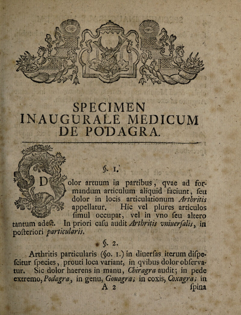 SPECIMEN INAUGURALE MEDICUM DE PODAGRA. - —; ^ J §. i; olor artuum in partibus , qvae ad for¬ mandum articulum aliquid faciunt, feu dolor in locis articulationum Arthritis appellatur. Hic vel plures articulos fimul occupat, vel in vno feu altero tantum adeft. In priori cafu audit Arthritis vniuerfdisy in pofteriori particularis, I * $• 2. . Arthritis particularis (§o. i.)in diuerfas iterum difpc- feitur fpecies, prouti loca variant, in qvibus dolor obferva* tur. Sic dolor haerens in manu. Chiragra mdif, in pede extvQmo, Podagra, in genu, Gomgra; in coxis, Coxagra; in A 2 - fpina