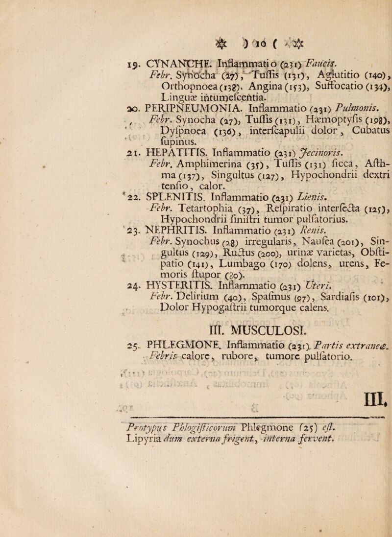 CYNANCHE. Inflammatio (£31) Faucis. Febr. Syriocha (17), 'Tuflis (131) , Agiutitio (140),, Orthopnoea (13$), Angina (if3), Suffocatio (134)? Lingua intumefcentia. 30. PERIPNEUMONIA. Inflammatio (231) Pulmonis, , Febr. Synocha (a?); Tuffis(i3i), Hxmoptyfis (ipg), Dyfpnoea (136), intcrfcapulii dolor, Cubatus fupirius. 21. HEPATITIS. Inflammatio (231) J-ecinoris. Febr, Amphimerina (3f), Tuflis (131) ficca, Afth- ma(i37), Singultus (127), Hypochondrii dextri tcnfio caior * 22. SPLENITIS. Inflammatio (231) Lienis. Febr. Tetartophia (37), Relpiratio interfecta (12?)? Hypochondrii finiftri tumor pulfatorius. 23. NEPHRITIS. Inflammatio (231) Renis, Febr. Synochus (2$) irregularis, Naufea(aoi), Sin¬ gultus (10.9), Ructus (aoo); urina* varietas, Obfti- patio (141), Lumbago (170) dolens, urens. Fe¬ moris ftupor (80). 24. HYSTERITIS. Inflammatio (231) Uteri. Febr. Delirium (40), Spalmus (97), Sardiafis (ioi)5 Dolor Hypogaitrii tumorque calens4 III MUSCULOSI 25. P FI LFGM ONE. Inflammatio (231 \ Partis extranee. -■Febriscalore, rubore, tumore pulfatorio. r t Pr atypus■ Phlogifiicorum Phlegmone (2$) e fi. Lipyria dum externa frigent, -interna fervent.