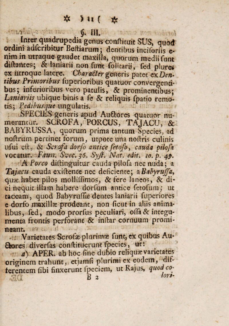 I §. III. Inter quadrupedia genus conftituit SUS, quod ordini adfcribitur Beftiarum; dentibus inciforiis e* nim in utraque gaudet maxilla, quorum medii funt diftantes; & laniarii non funt folitarii, fed plures ex utroque latere. Cbara&er generis patet zx Den¬ tibus Primoribus fuperioribus quatuor convergenti¬ bus 5 inferioribus vero patulis, & prominentibus; Laniariis ubique binis a fe & reliquis fpatio remo¬ tis; Pedibusque ungulatis. SPECIES generis apud Au&ores quatuor nu¬ merantur. SCROFA, PORCUS, TAJACU, & BABYRUSSA, quorum prima tantum Species, ad noftrum pertinet forum, utpote una noftris culinis ufui eft, & Scrofa dorfo antice fetofo, cauda pilofa vocatur. Faun, Svec. j5. Syji. Nat. edit. 10. p. 49. A Porco diftinguitur cauda pilofa nec nuda; a Tajacu cauda exiftente nec deficiente; a Babyruffa, quae habet pilos molliffimos, &fere laneos, & di¬ ci nequit illam habere dorfum antice fetofum; ut taceam, quod Babyrufife dentes laniarii fuperiores e dorfo maxilla; prodeant, non ficut in aliis anima¬ libus, fed, modo prorfus peculiari, ofla& integu¬ menta frontis perforant & inftar cornuum promi¬ neant. 'V : Varietates Scrofae plurimae funt, ex quibus Au- £k)res diverfas conftituerunt tpecies, ut: a) APER, ab hoc fine dubio reliquae varietates originem trahunt, etjamfi plurimi cx eodem, dif¬ ferentem fibi finxerunt Ipeciem, ut Rajus, quod co<• q 2 iort’ Jt