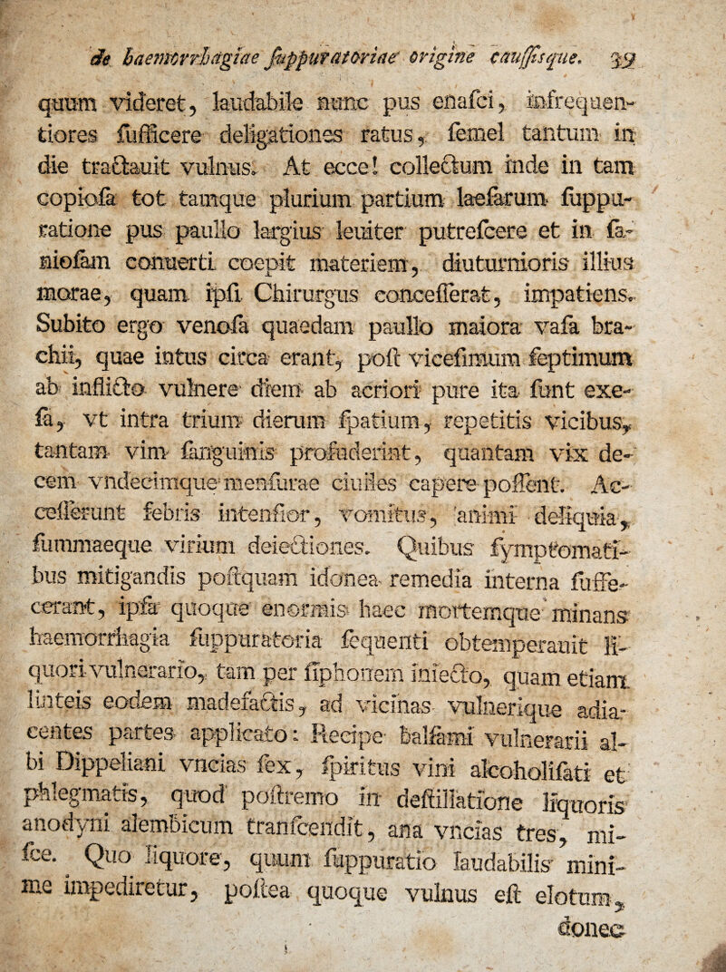 ■ ■ s .V, _ . de haemorrhagiae Jiippuratoriae' origine cauffsque, yy quum videret, laudabile nunc pus enafci, Mrequen- tiores fufficere deligationes ratus, femel tantum iit die tra&auit vulnus» At eccel collectum inde in tam copiofa tot tarnque plurium partium laetarum fuppu- ratione pus paullo largius leniter putrefcere et ili (a- niolam conuerd coepit materiem, diuturnioris illius morae, quam ipfi Chirurgus coneefferat, impatiens» Subito ergo venofa quaedam paullo maiora vafa bra¬ chii, quae intus circa erant, poft vicefnmim feptimum ab inflicto vulnere diem ab acriori pure ita fent exe- fa, vt intra trium dierum fpatium, repetitis vicibus, tantam vim- fanguinis profuderint, quantam vix de¬ cem vndecimque menfurae ciuies capere pollent. Ac- ceflerunt febris intentior, vomitus, 'animi deliquia, fummaeque virium deieCtiones. Quibus fymptomati¬ biis mitigandis poftquam idonea remedia interna difFe- cerant, ipfa quoque enormi» haec mortemque’minans haemorrhagia fuppuratoria fequenti ©btemperauit li¬ quori vulnerario, tam per fiphoiteni iniecto, quam etiam linteis eodem madefactis, ad vicinas- vulnerique adia- eentes partes applicato: Recipe- balfami vulnerarii al¬ bi Dippeliani vncias fex, fpkitus vini alcoholifati et phlegmatis, quod' poftremo iit deftillatibne liquoris anodyni aiembicum tranfcendit, ana vncias tres, mi- ice. . Quo liquore, quum fuppuratio laudabilis mini¬ me impediretur, poiiea quoque vulnus eft eloturn, 1 donec