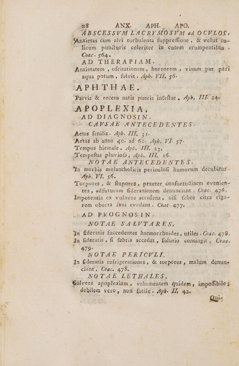 4 E ANX. APH. APO. ABSCESSVM LACRY MOSVM ad OCVLOS, JAnxietas cum alvi turbulenta fuppretfione ,- , &amp; velut cu- à licum. püh&amp;utis celeriter in cutem erumpentibüs . Coac. $644 AD THERAPIAM.. Anxietatem , ofcitationem , horrorem , vinum par pafl aqua potum, folvit . pb. VII, $6- 'APHTHAE. CParvis &amp; recens natis pueris infeftae , ph. III. Ie AAPOPLEXIA, AD DIAGNOSIN. o 2:CAVSAE ANTECEDENTES: Betas fenilis. /4pb. In Aetás ab arino 46- ad 23 Apb. VI. $5. 'Tempus hiemele. .4p/. IIT. 301 AT'empeftas pluviofs , 4Apb.. Il. 16. NOTAE ANTECEDENTE3ÓS. In morbis melancholicis periculofi liumorum decubitus ph. VI. 56. 'Jorpores, &amp; ílupores, praeter confuetudinem evenien- tes, adfuturam fiderationem denunciant. Co4c. 476. Impotentia ex vulnére accidens, mifi febre citra rigo- rem oborta fani evadant. Coac. 477; «AD PROGNOSIN. NOTAE SALVTARE $. | jn fiderátis fuccedentes haemorrhoides , utiles . Coac. 478. In fideratis, fi febri$ accedat, folutio contingit , Coac. * 479- NOTAE PERIOCVEILI. In fideratis refrigerationes , &amp; torpores , malim denun« «iant. Coac. 478. NOTAE LETHALES. Wolvere apoplexiàm , vehementem ideis impoffibile z debilem vero, nou facile. Apls JI, 42. | Qui