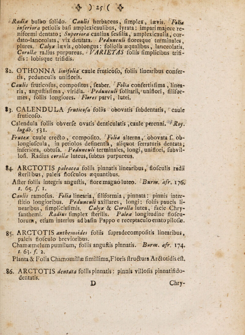 tRadtx bulbo folido. 'herbaceusfimplex,' laevis, inferiora petiolis bafi amplexicaulibus, lyrata: impari majore re¬ niformi dentato; Superiora caulina fesfiliaamplexicaulia ,* cor- dato-lanceoIata,''vix dentata. ‘ Pedunculi>^otQS(\\XQ terminales, plures. ' Calyx laevis, oblongus:'foliolis aequalibus, lanceolatis» Corollce radius purpureus. .5'forii8'’limplicibus trifi¬ dis: lobisque trifidis. 82. OTHONNA 7/»?/o//V caule fruticofo^ foliis linearibus confer^ tis, pedunculis‘unifloris. ' Caulis fruticofus, compofitus, fsaber. confertis fima',linea- ' ria, anguftisfima ,Kviridia. ^ folitarnVuniflori,-filifor¬ mes foliis longiores. ■’ Flores parvi■ lutei. » CALENDULA> fruticofa foliis 'obovatis fubdentatis, ■'caule ■ fruticofo.  Calendula foliis , lugdb. Fr«r<?x'caule'eredlo ,''compbfito. ^F<?//^? alternaobovataf. bb- longiufcula, in petiolos definentik, -aliquot ferraturis dentata; inferiora, obtufa. ' terminales, longi, uniflori, fubvil- lofi. Radius corolla luteus,'fubtus purpureus. bbverfe Ovatis'denticulatis 7caule perenni. 84. ARCTOTIS paleacea ^oVixs pinnatis linearibus,^fiofculis radii ' fterilibuspaleis'flofculos sequantibus. A fter foliis integris anguftis, 'flore magno luteoT ^ Burm\ afrl ij6^ t, 65. f I. ^ Caulis ramofus. Folia linearia,' filiformia,'pinnatar pinnis intej:- ' fiitio longioribus. Pf7»»^-«//axillares, longi: foliis paucis li¬ nearibus, fimplicisfimis. Calyx dc Coro//^ lutea, facie Chry- fanthemi. Radius fimplex fterilis. Palea longitudine flofcu- lorum, etiam interius adbafin Pappo e receptaculo enatopilofs. 85. ARCTOTIS anthemoides foliis fupradecompdfitis linearibus, paleis flofculo brevioribus. ' Chamaemelum pumilum, foliis anguftis pinnatis. Burm. afr. 174, -- 6^* /i 2. / Planta & Folia Chamomillse fimillima,Floris firudlura Ardiotidis eft. \ .86. ARCTOTIS foliis pinnatis: pinnis villofis'pinnatifido- dentatis. Chry- D