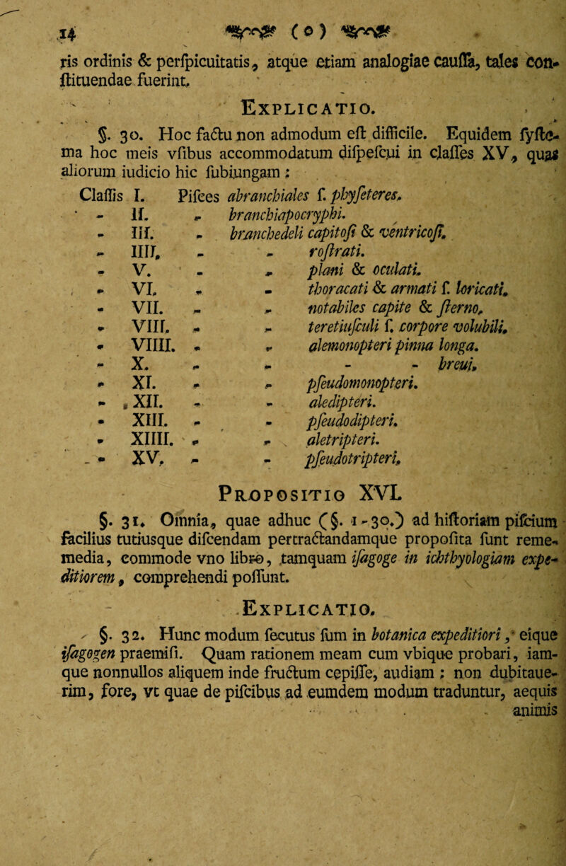 ris ordinis & perfpicuitatis, atque etiam analogiae caufla, tales con- ftituendae fuerint. • * • - ' Explicatio. . . » , •- • > §. 30. Hoc fadu non admodum eft difficile. Equidem lyfte- ma hoc meis vfibus accommodatum difpefcui in clalfes XV, quas aliorum iudicio hic fubiungam : Cladis I. Pifees abranchides f. phy feter es. 11. branchiapocryphi. 111. bramhedeli capitofi & ventricofi. III7. m rojlrati. V. • - J» plani & oculati. VI. • thoracati & armati f loricati VII. - notabiles capite & fterno. vnr. * teretiufiuli f. corpore volubili. vim. . e* alemonopteri pinna longa. X. m - breui. XI. f pfeudomonopteri. xn. m aledipteri. XIII. - r pfeudodipteri. xmr. -, + N aletripteri. xv, - - pfeudotripteri. Propositio XVL §. 31. Omnia, quae adhuc (§. 1 - 30.) ad hiftoriam pifcium facilius tutiusque difcendam pertradandamque propofita funt reme- media, commode vno libs©, tamquam ifagoge in ichtbyologiam expe¬ ditiorem , comprehendi poliunt. >* A ■ **“ ^ .Explicatio. ✓ §-32. Hunc modum fecutus fum in botanica expeditiori,• eique ijagogen praemifi. Quam rationem meam cum vbique probari, iam- que nonnullos aliquem inde frudum cepiife, audiam ; non dubitaue- rim, fore, vt quae de pifcibus ad eumdern modum traduntur, aequis • < • - animis
