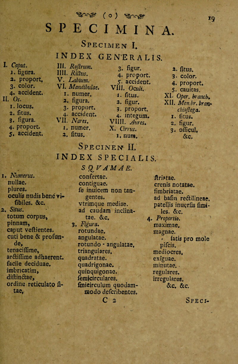 SPECIMINA. Spe CI.MEN I* INDEX GENERALIS. III. Roftrum. 3. figur. IIII. liitlus. I. Caput. 1. figura. 2. proport, 3. color. 4* accident. II. Os. 1. locus* 2. fitUS* 3. figura. 4. proport. 5* accident. V. Labium. VI. Mandibulas. 1. numer, 2. figura. 3. proport. 4. accident* VII. Nares. 1. numer. 2. fitus* 4. proport. 5- accident. VIII* Oculis 1. fitus. 2. figur. 3. proport. 4. integum* VlIII. X. Cirrus. 1. nura* 2. fitus. 3- color. 4» proport* 5* cauitas. XI. Oper. branch* XIJ. Membr.brari' chiojlega. 1. fitus, 2. figur. 3. ofticul, &c. Specinen* II. INDEX SPECIALIS. SQVAMAE. i* Nummis. nullae, plures. oculis nudis bene ri- fibiles. &c. 2. Situs. totum corpus, pinnam, caput veftientes. cuti bene & profun¬ de, tenaciffime, arftiflime adhaerent, facile deciduae, imbricatim, diftinftae, ordine reticulato fi- tae* confertae, contiguae, fe inuicem non tan¬ gentes. vtrimque mediae, ad caudam inclina¬ tae. &c, 3, Figura* rotundae, angulatae. rotundo - angulatae, triangulares* quadratae, quadrigonae. _ quinquigonae. femjcirculares. fmicjrculum quodam¬ modo defcribentes* ftriatae. crenis notatae, fimbriatae, ad bafin reftilineae. patellis inucrfis fimi- les. &c» \ . 4. Proportio. maximae, magnae. - fatis pro mole pifcis. mediocres* exiguae, minutae., regulares, irregulares. &c. &c.