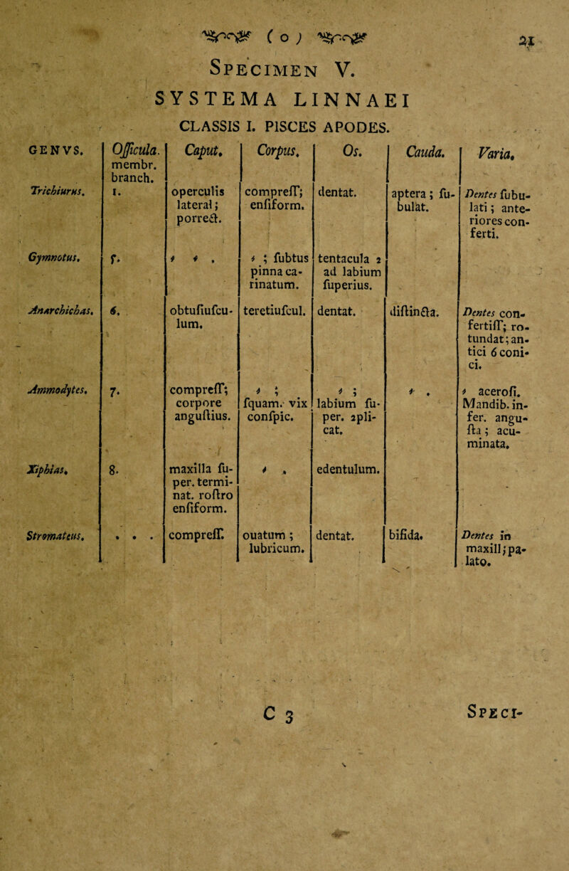 Trlchiurus. Gymnotus. Anarchichas, Ammodytes, Xiphias. $trmatcns. \ ‘'SSPofSf C o ; '«tpr#? . > ' / v ; ' ' I '• - . Specimen V. SYSTEMA LINNAEI CLASSIS I. PISCES APODES. membr. branch. i. operculis latera!; porreft. comprelT; enfiform. dentat. aptera; fu¬ ti ulat. f- * * . * ; fubtus pinna ca¬ rinatum. tentacula 2 ad labium fuperius. •* 6. obtufiufcu- lum. teretiufcul. dentat. diftin&a. 7* comprelT; corpore angullius. 'Si * ; fquam. vix confpic. * ; labium fu* per. 2pli- cat. * . 8* maxilla fu- per. termi¬ nat. roftro enfiform. * , edentulum. 'T • • • comprelT. ouatum ; lubricum. dentat. bifida* ^ * Varia# Dentes Tubu¬ lati ; ante¬ riores con¬ ferti» Dentes con- fertiff; ro¬ tundat; an. tici 6 coni¬ ci. > acerofi. Mandib. in¬ fer. angu- fta; acu¬ minata. Dentes in maxill; pa¬ lato.