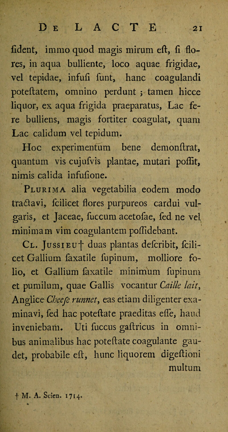 fident, immo quod magis mirum eft, fi flo¬ res, in aqua bulliente, loco aquae frigidae, vel tepidae, infufi funt, hanc coagulandi poteftatem, omnino perdunt j tamen hicce liquor, ex aqua frigida praeparatus, Lac fe¬ re bulliens, magis fortiter coagulat, quam Lac calidum vel tepidum. Hoc experimentum bene demonftrat, quantum vis cujufvis plantae, mutari poflit, nimis calida infufione. Plurima alia vegetabilia eodem modo tra&avi, fcilicet flores purpureos cardui vul¬ garis, et Jaceae, fuccum acetofae, fed ne vel minimam vim coagulantem poflidebant. Cl. JussiEuf duas plantas defcribit, fcili¬ cet Gallium faxatile fupinum, molliore fo¬ lio, et Gallium faxatile minimum fupinum et pumilum, quae Gallis vocantur Cailk lait, Anglice Cbeefe runnet, eas etiam diligenter exa¬ minavi, fed hac poteftate praeditas efle, haud inveniebam. Uti fuccus gaftricus in omni¬ bus animalibus hac poteftate coagulante gau¬ det, probabile eft, hunc liquorem digeftioni multum f M. A. Scicn. 1714.